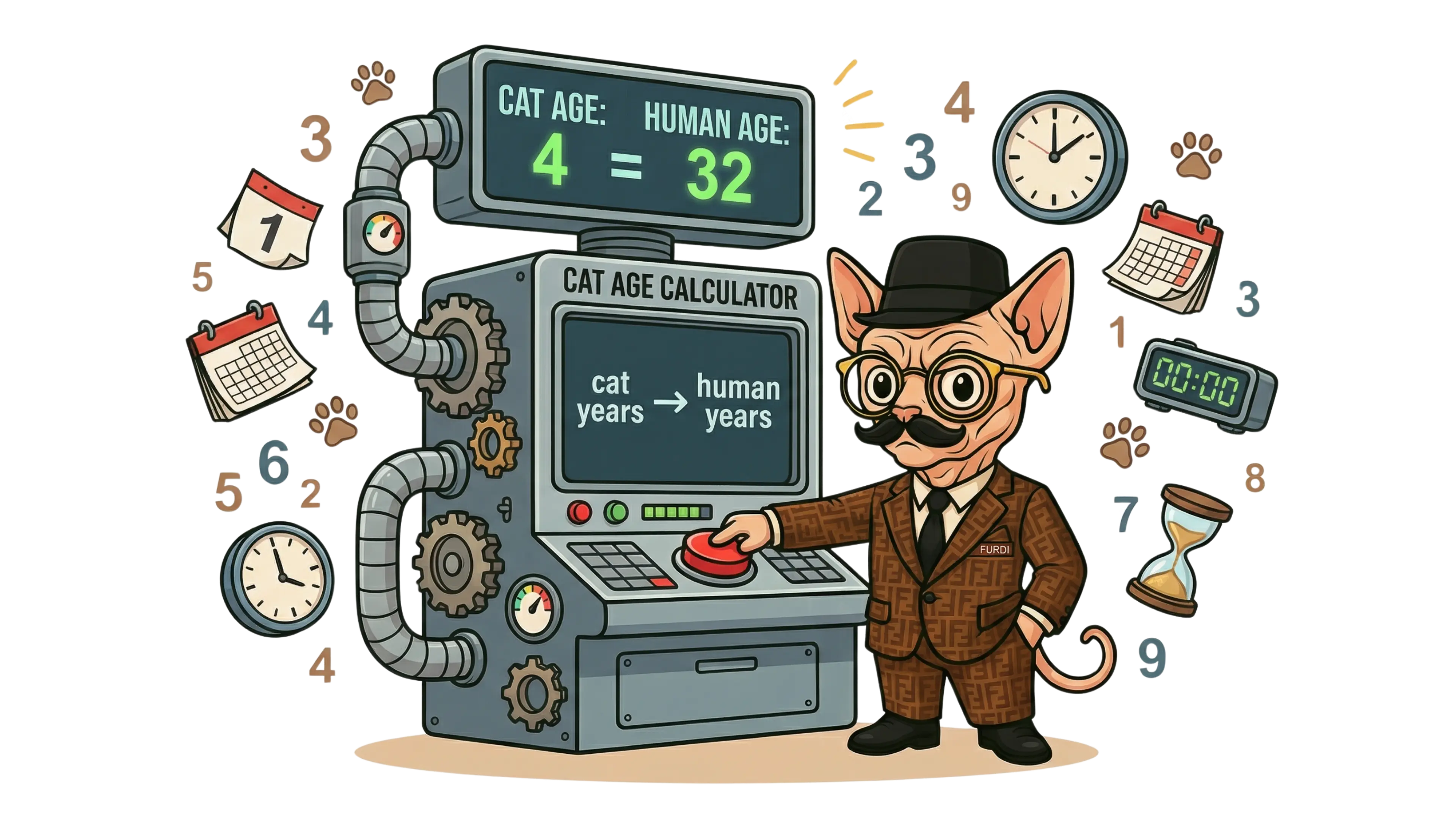 cat age calculator illustration with a machine converting 4 cat years to 32 human years with clocks, calendars, and numbers