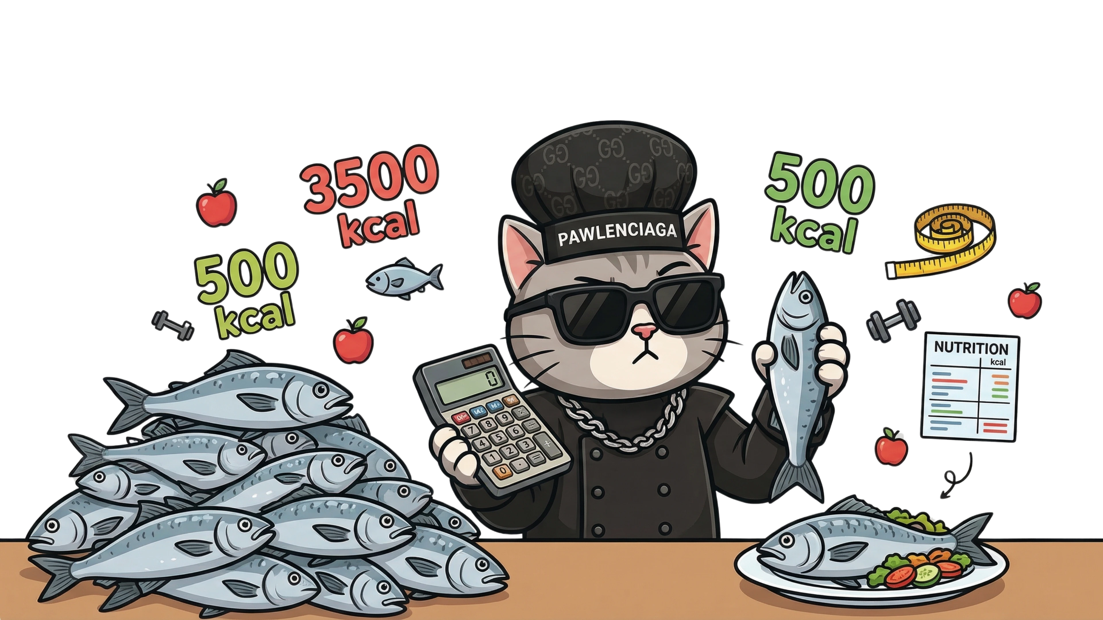 cat calorie calculator hero banner showing stylish cat with fish, calculator, nutrition label, and daily calorie targets for weight management