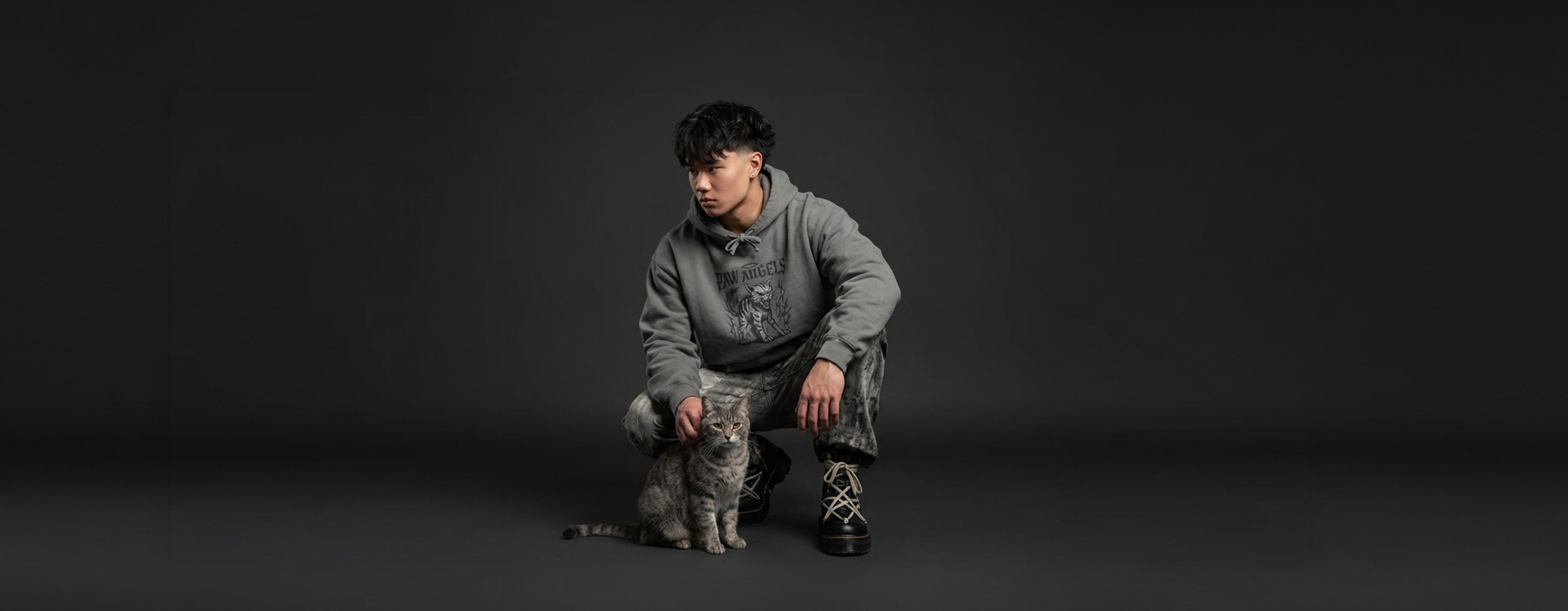 man wearing a grey cat hoodie for men with Paw Angels graphic print crouching beside a tabby cat, desktop banner image