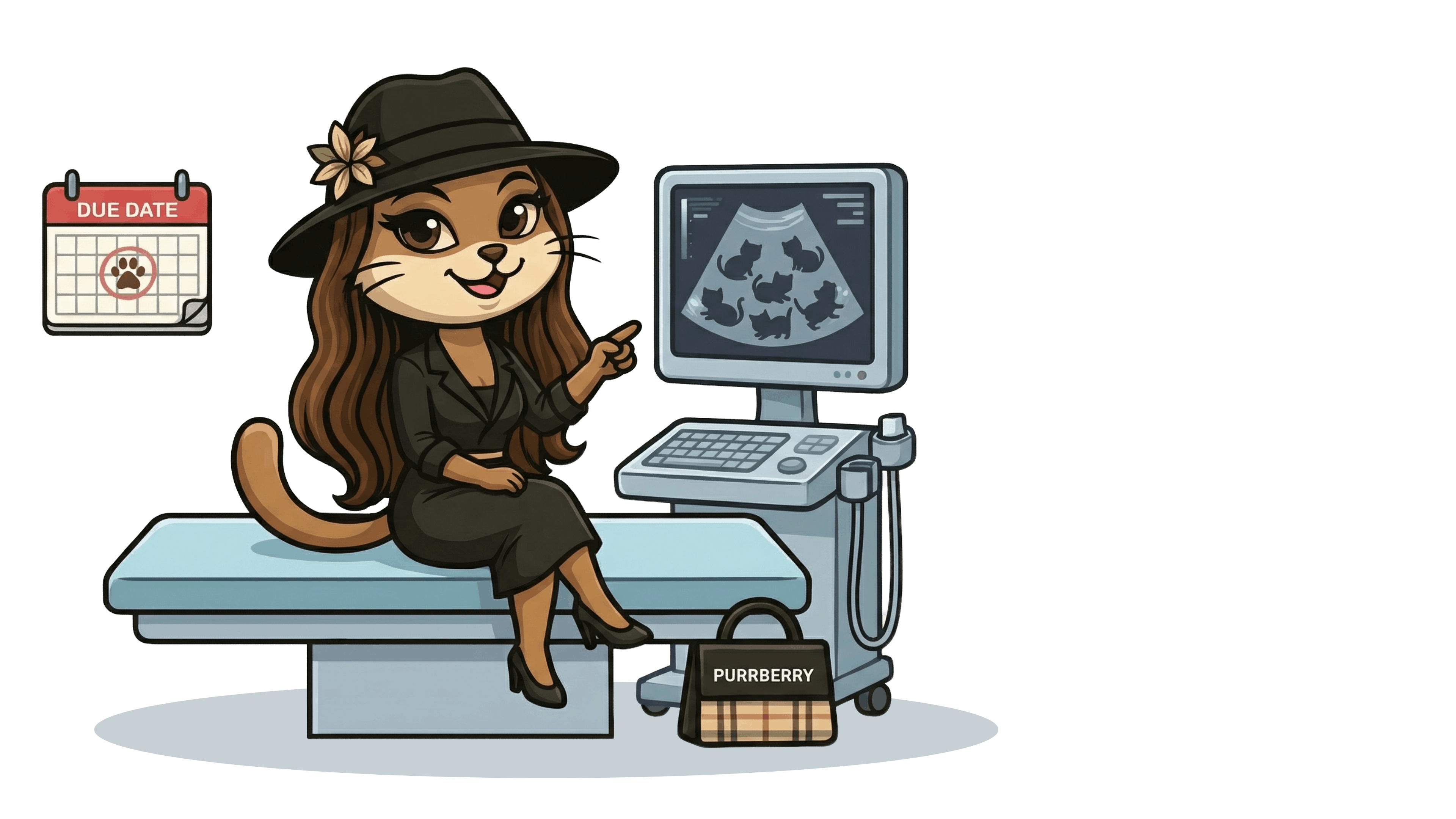 Cartoon cat in a hat with ultrasound machine and calendar on black background, cat pregnancy calculator illustration image by Mad Cat Cartel