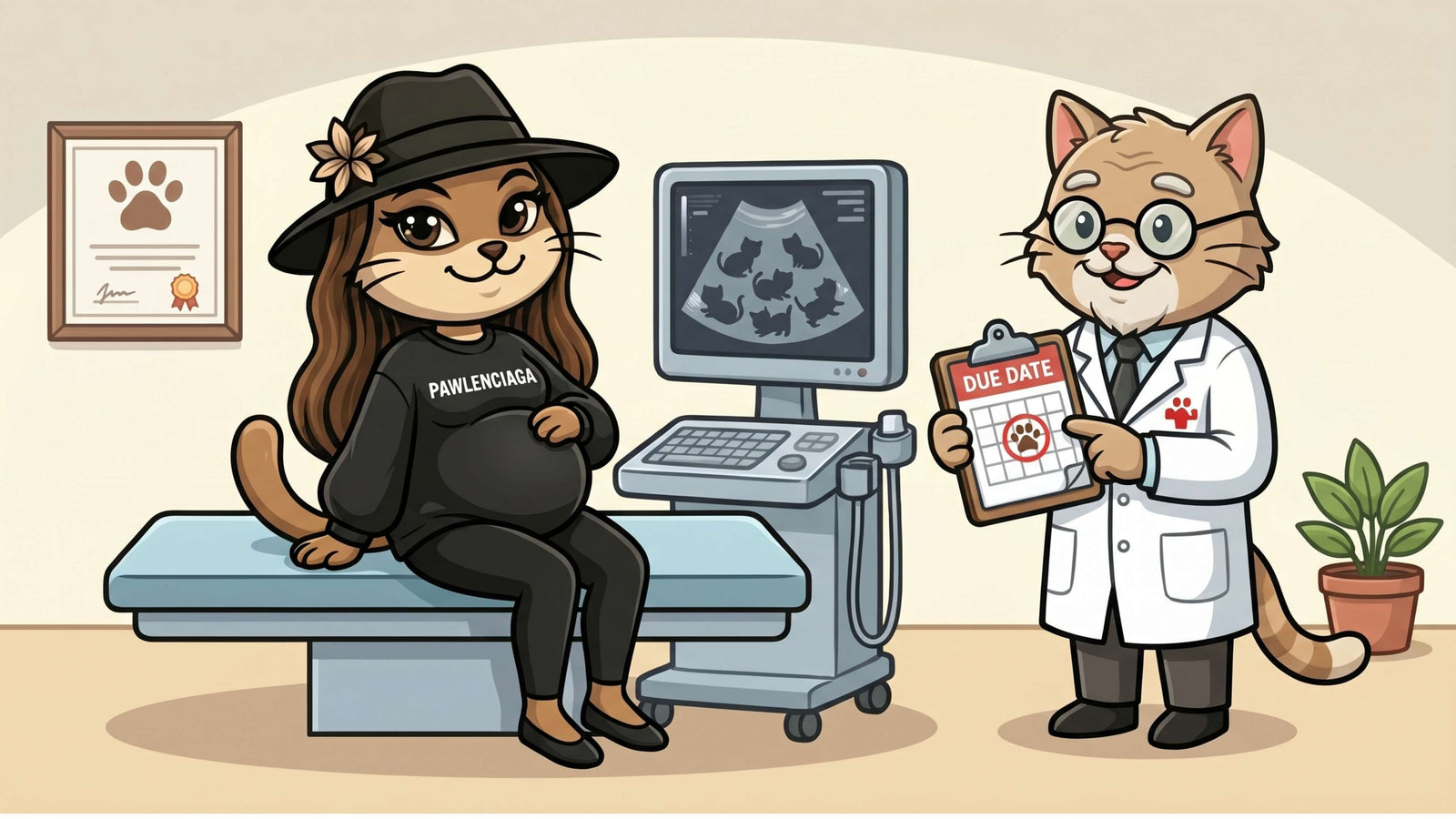 Cat pregnancy calculator hero illustration showing pregnant cat at vet ultrasound with kittens visible — Mad Cat Cartel