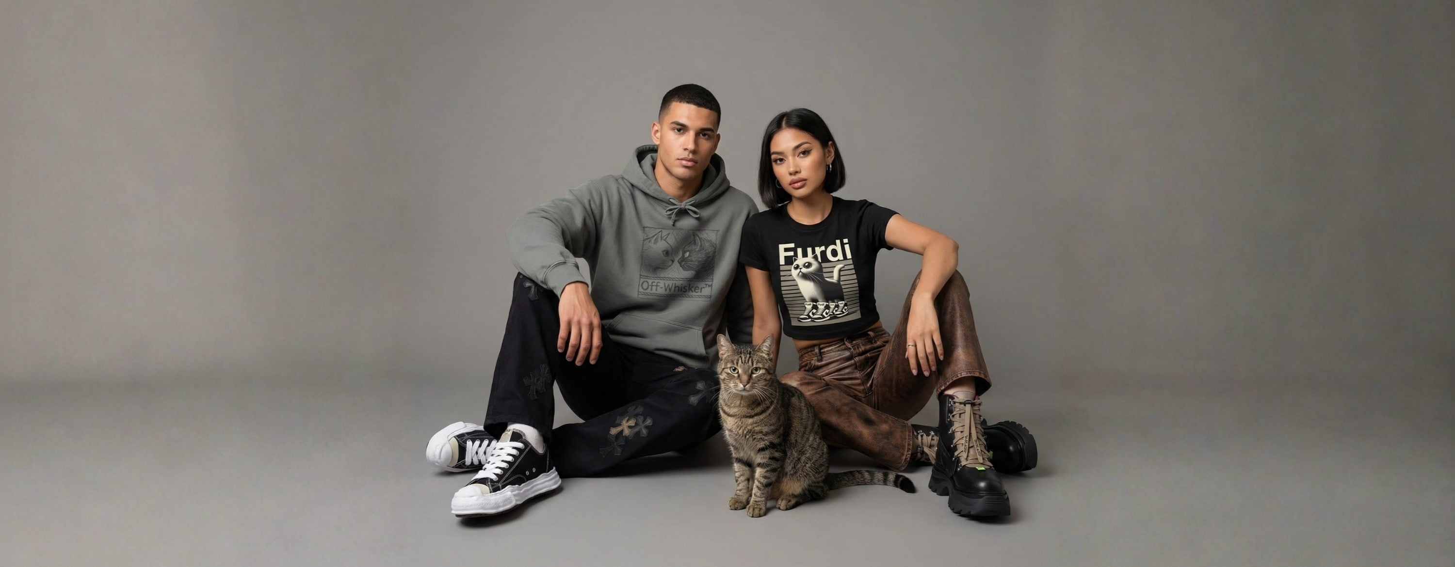 man and woman wearing Mad Cat Cartel designer parody cat-themed clothes, with an Off-Whisker hoodie and a Furdi graphic baby tee beside a tabby cat, desktop banner image
