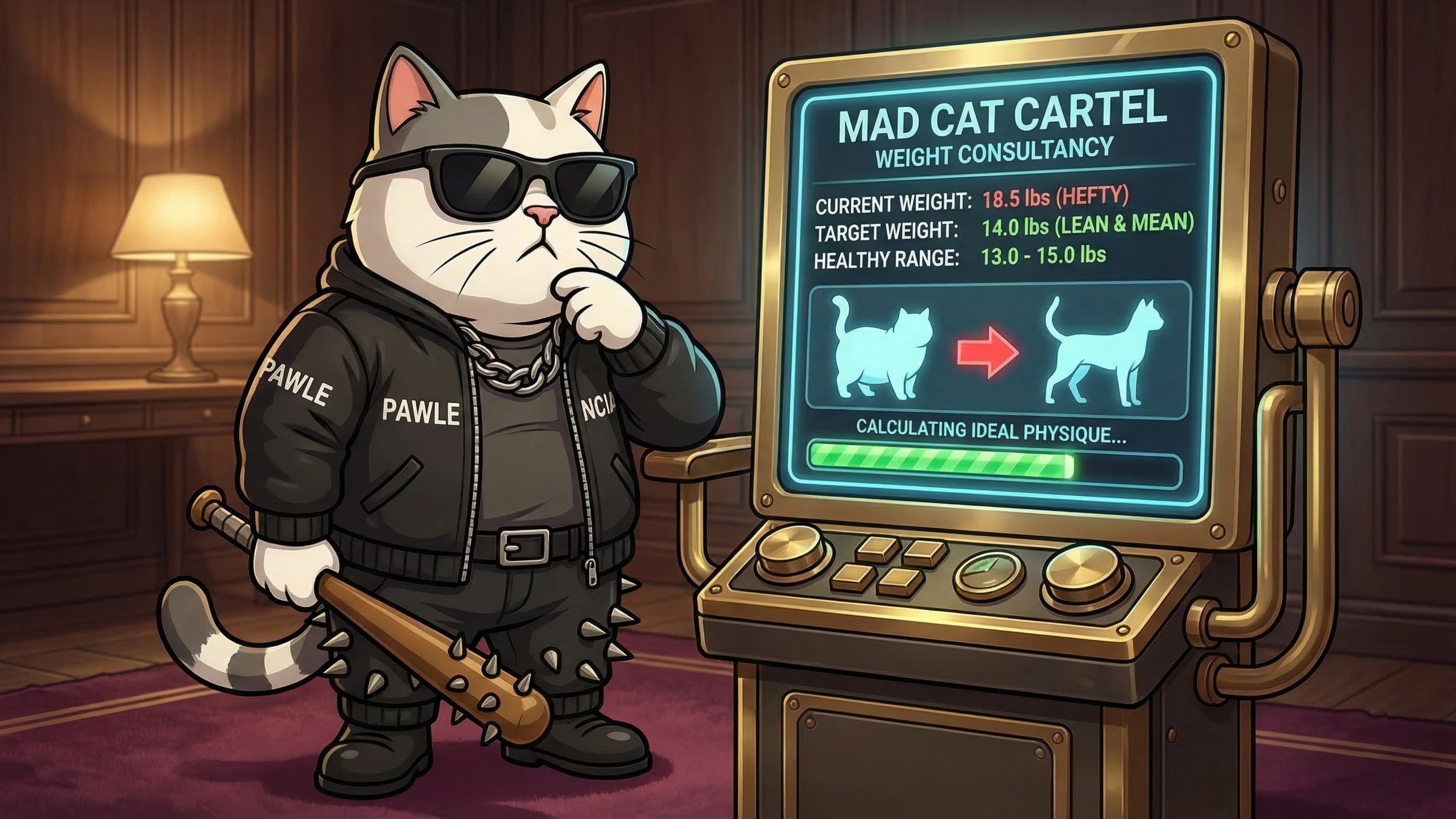 cat weight consultancy illustration showing current weight target weight and healthy range in mad cat cartel calculator