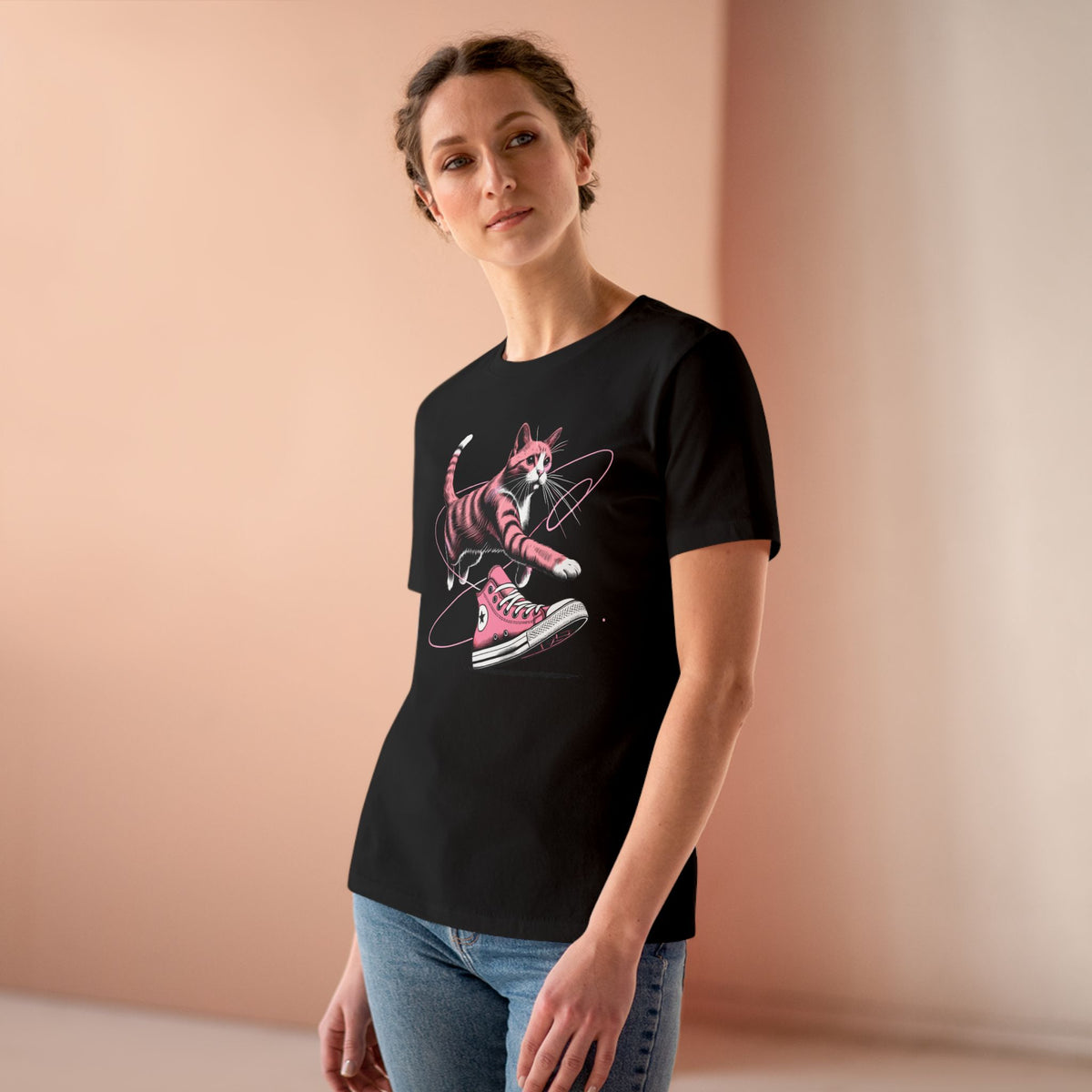 Catverse Apex Kick Cat Graphic Women's T-Shirt in black, worn by a female model