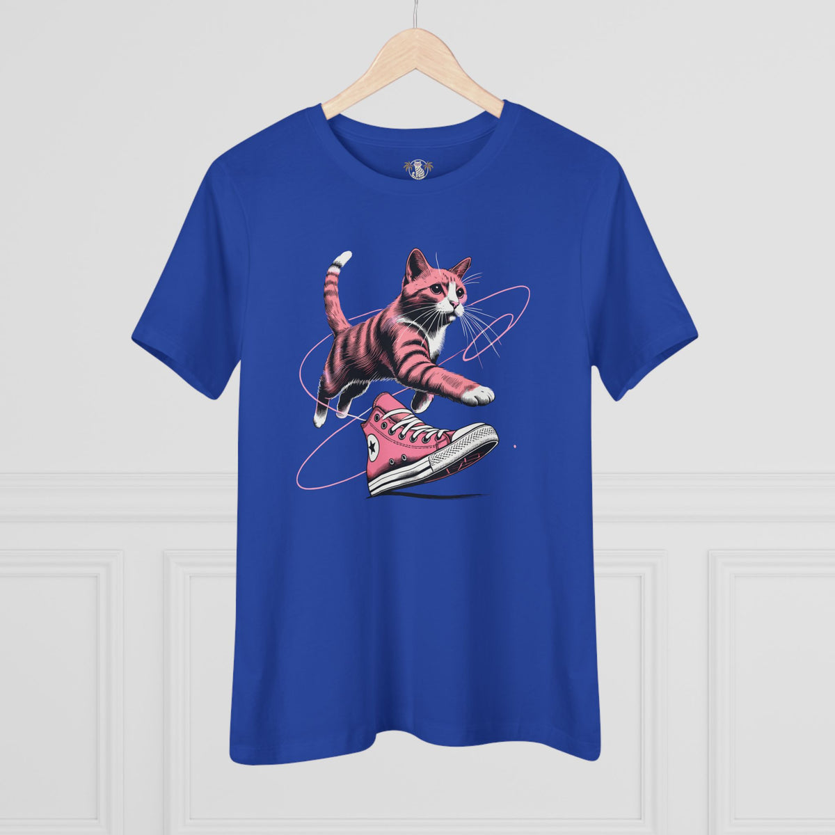 Catverse Apex Kick Cat Graphic Women's T-Shirt in true royal, on a hanger