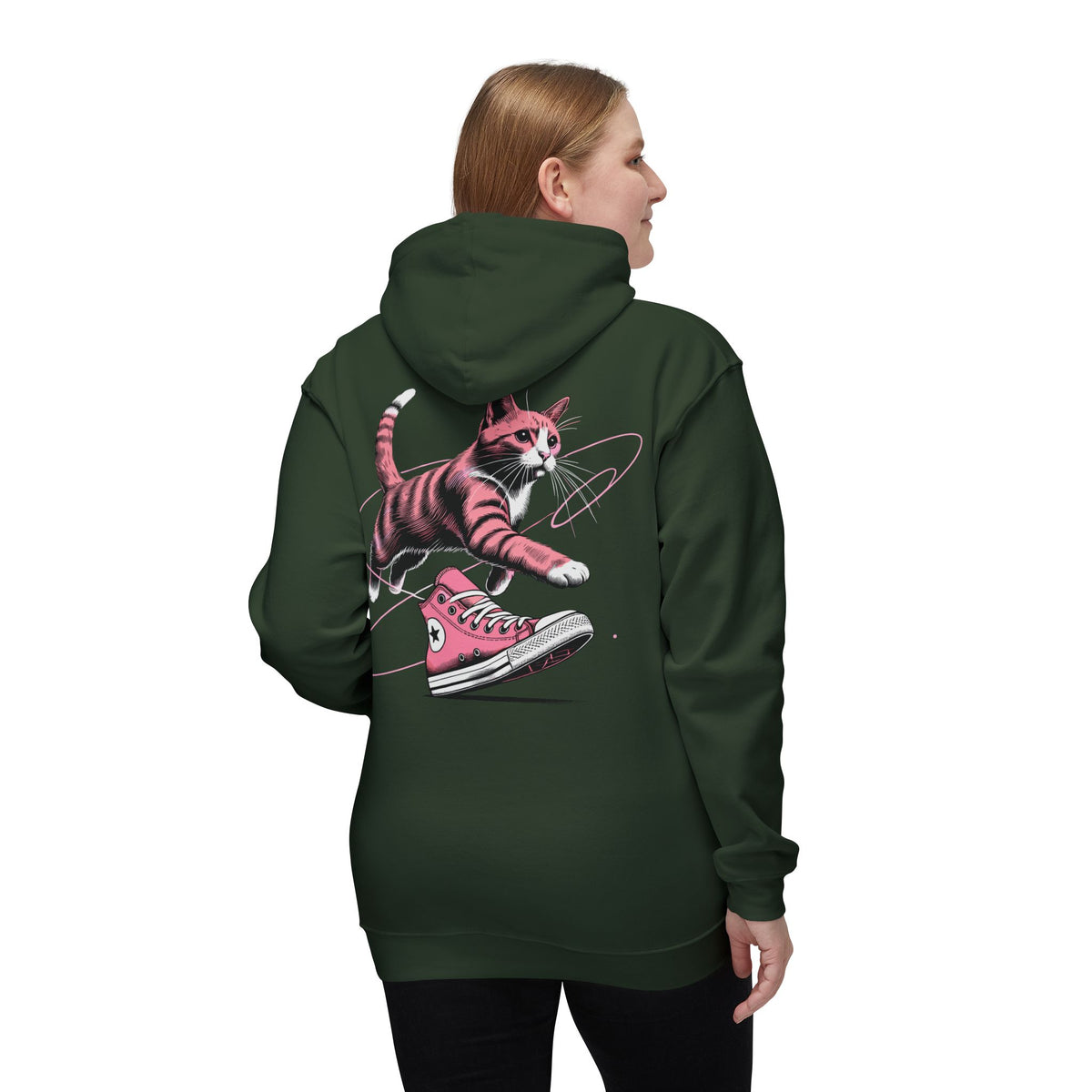 Catverse Chest Logo Apex Kick Cat Graphic Hoodie in hunter green, back view on a female model