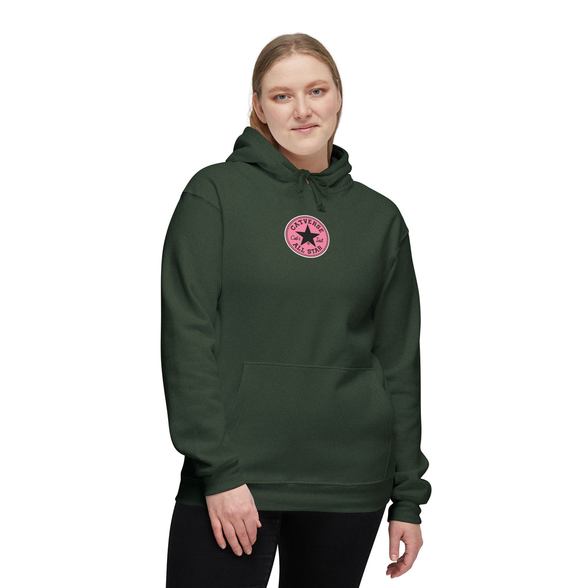 Catverse Chest Logo Apex Kick Cat Graphic Hoodie in hunter green, worn by a female model