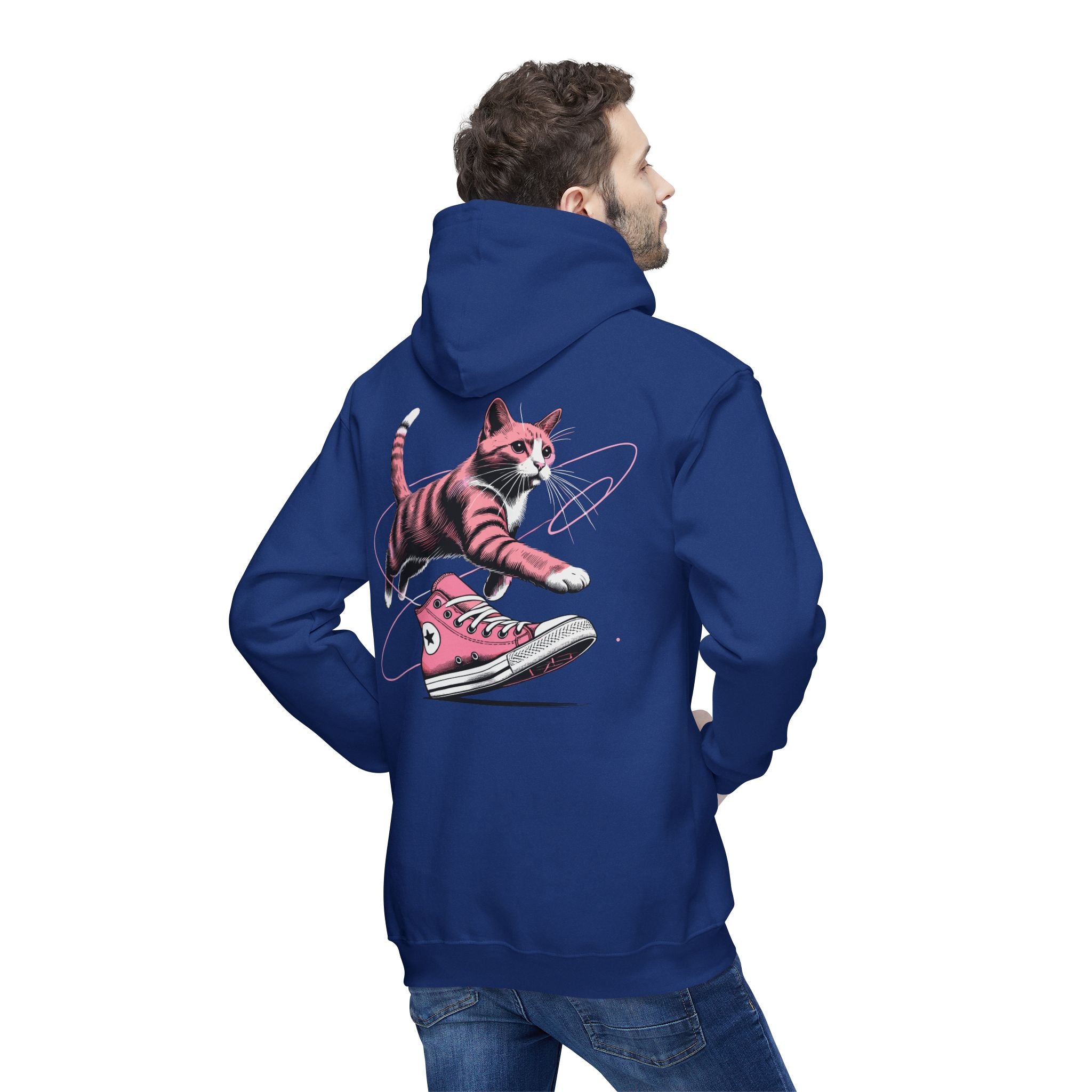 Catverse Chest Logo Apex Kick Cat Graphic Hoodie in royal blue, worn by a male model