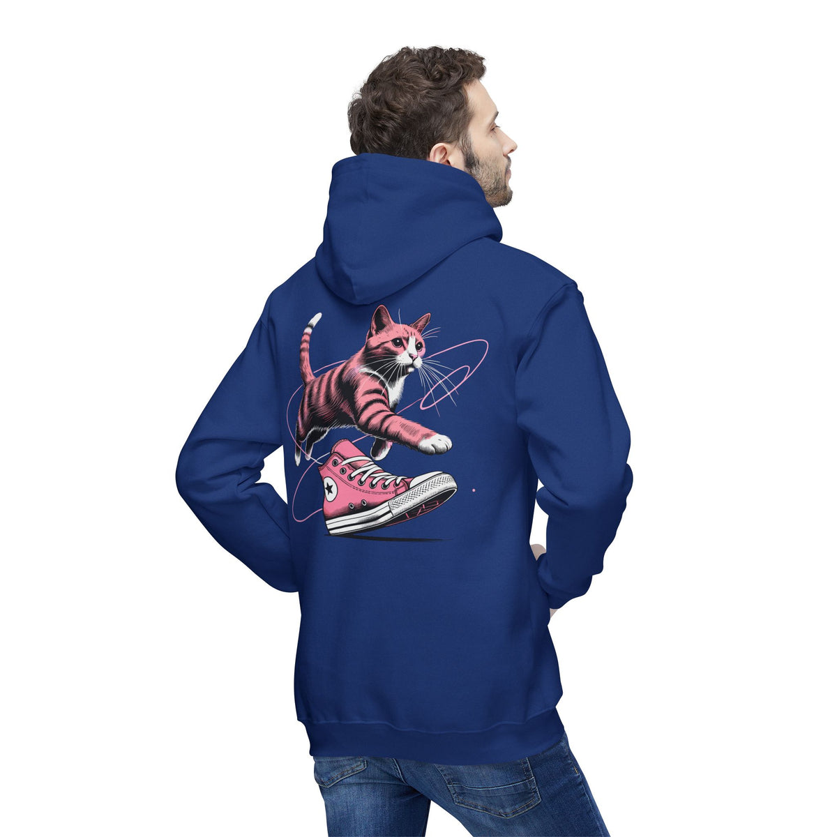 Catverse Chest Logo Apex Kick Cat Graphic Hoodie in royal blue, worn by a male model