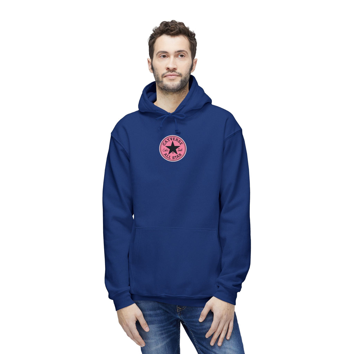 Catverse Chest Logo Apex Kick Cat Graphic Hoodie in royal blue, worn by a male model