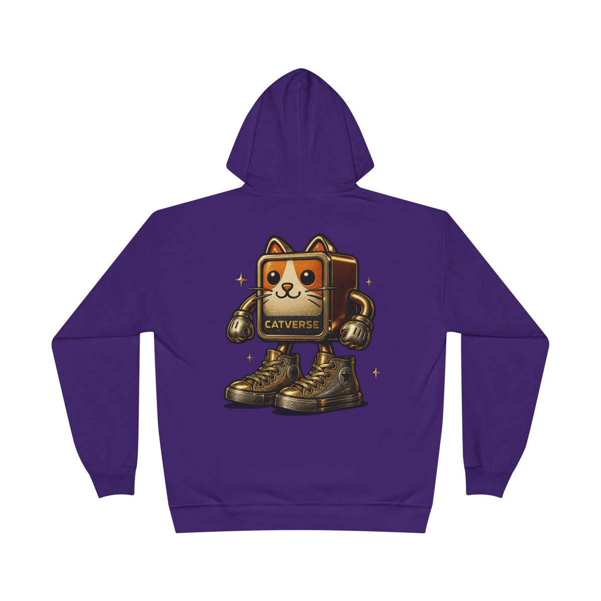 Catverse Chest Logo Goldbot Cat Graphic Hoodie in athletic purple, back view