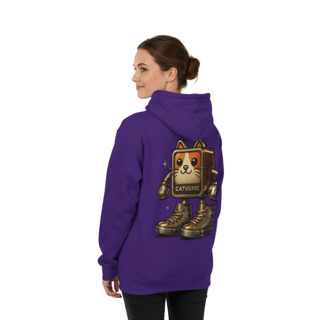 Catverse Chest Logo Goldbot Cat Graphic Hoodie in athletic purple, worn by a female model