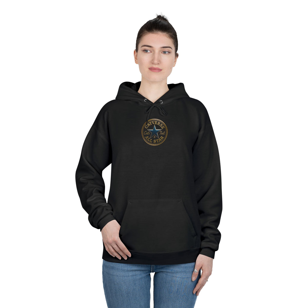 Catverse Chest Logo Goldbot Cat Graphic Hoodie in black, worn by a female model