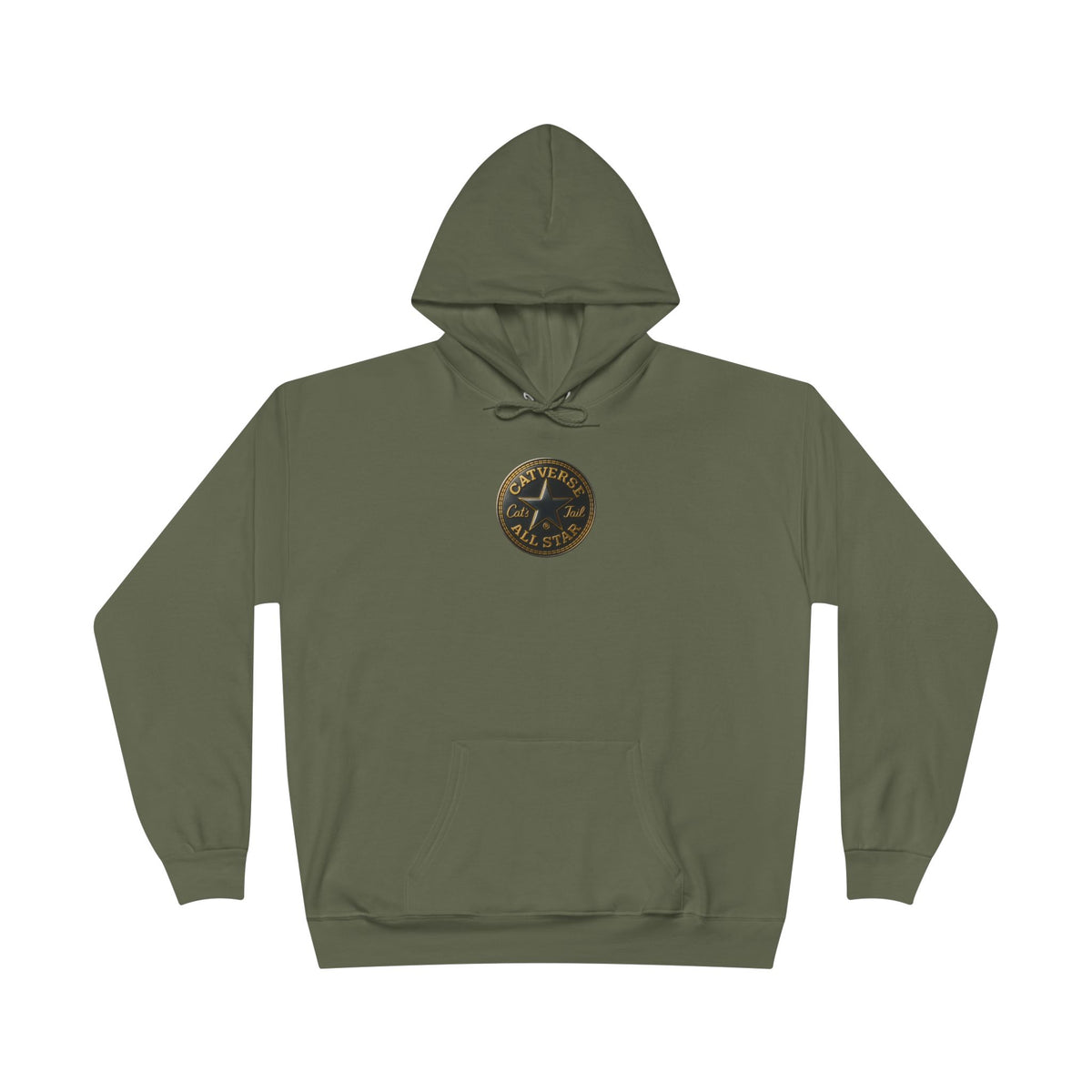 Catverse Chest Logo Goldbot Cat Graphic Hoodie in fatigue green, front view