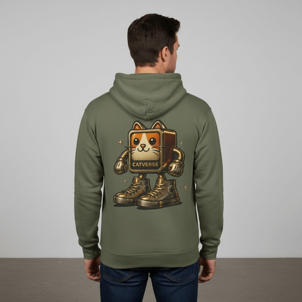 Catverse Chest Logo Goldbot Cat Graphic Hoodie in fatigue green, back view on a male model