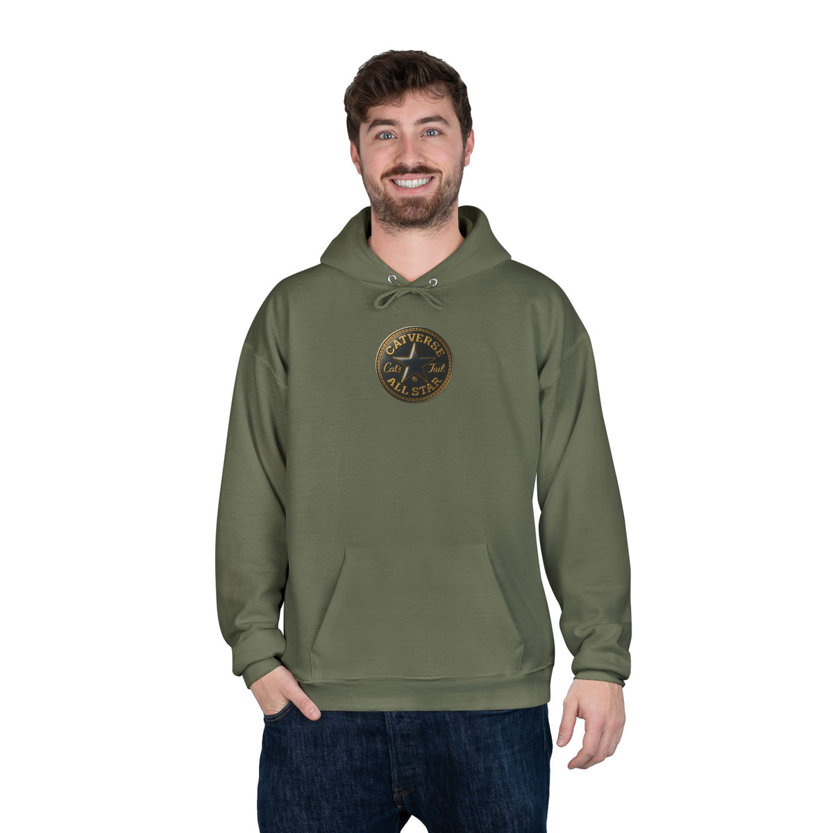 Catverse Chest Logo Goldbot Cat Graphic Hoodie in fatigue green, worn by a male model