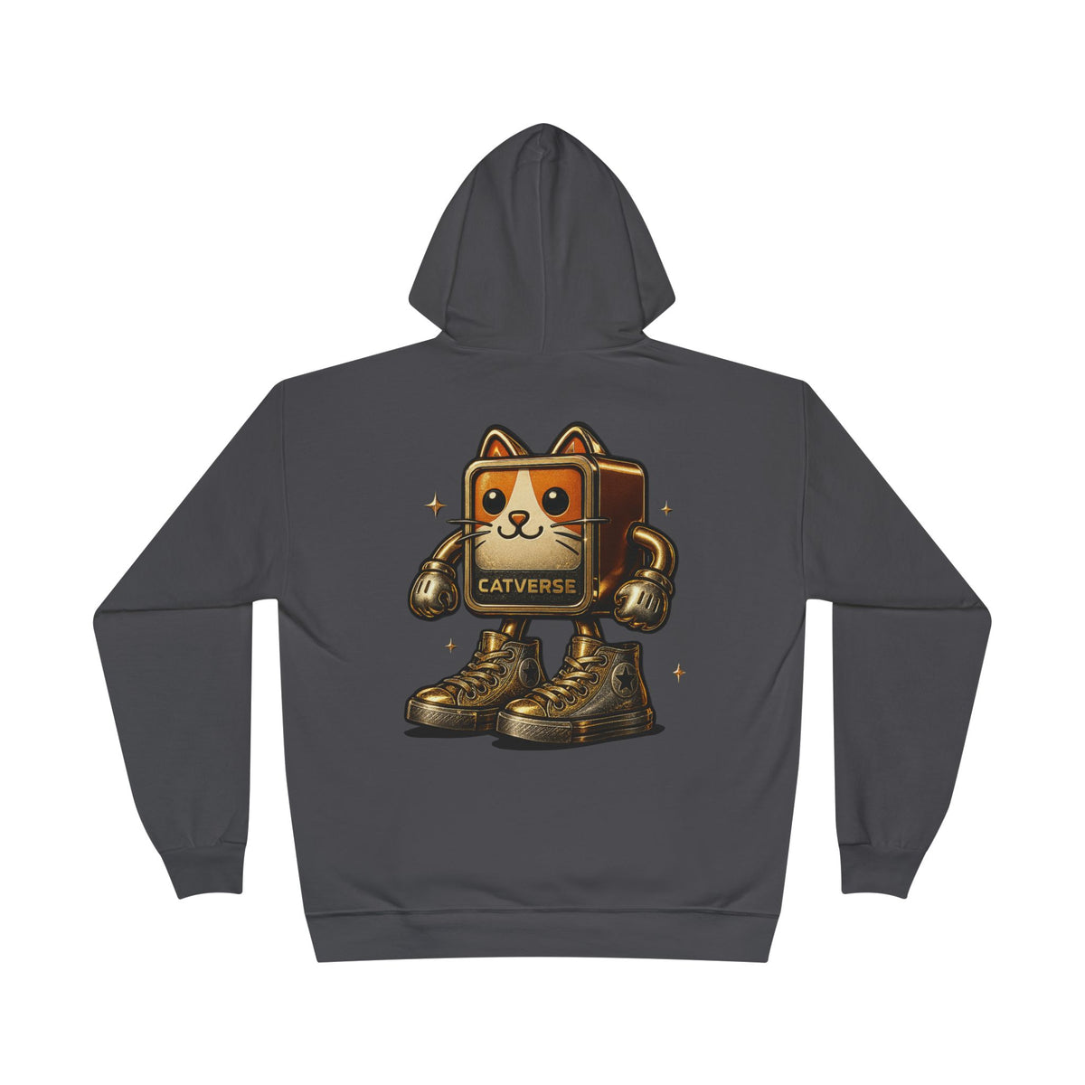 Catverse Chest Logo Goldbot Cat Graphic Hoodie in smoke grey, back view