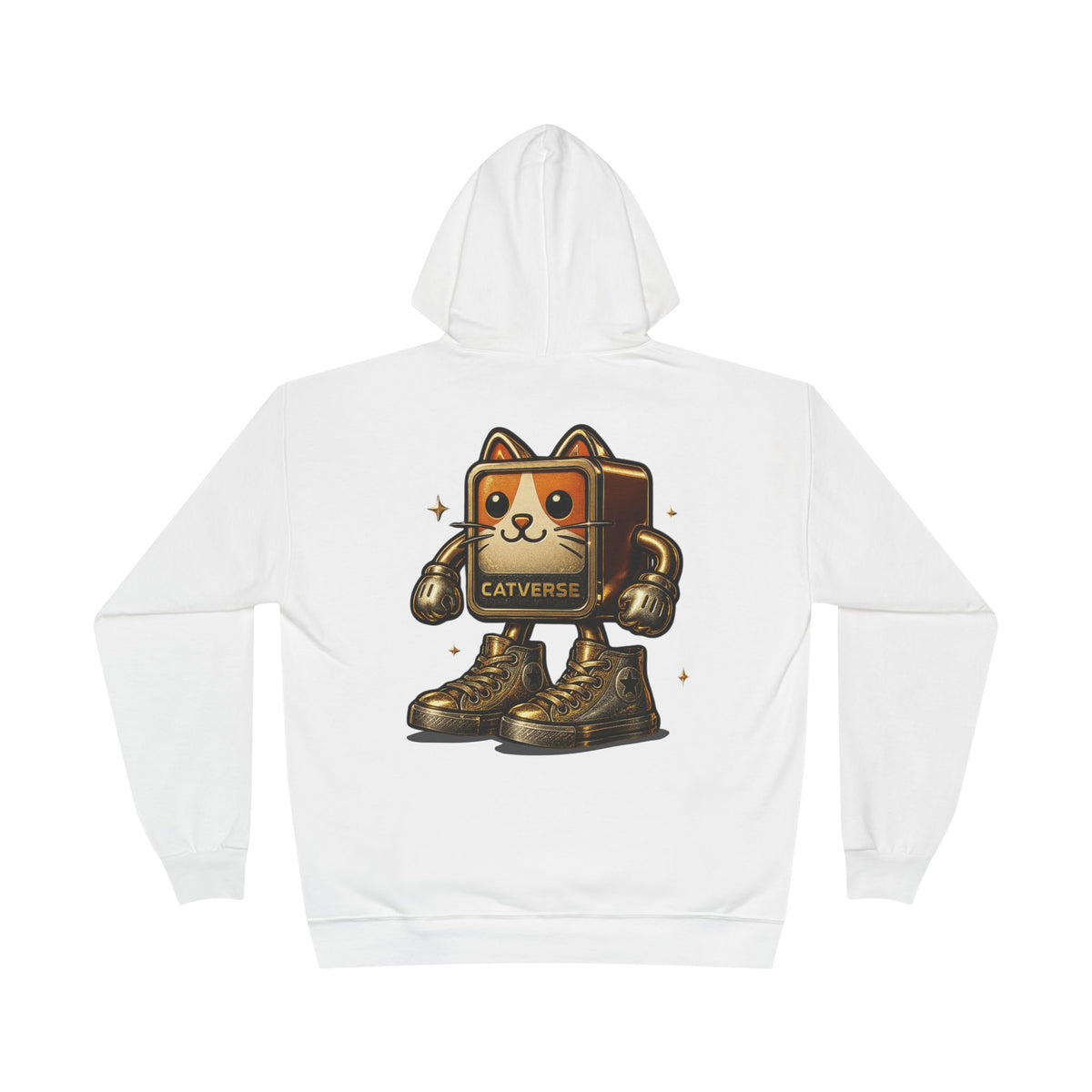 Catverse Chest Logo Goldbot Cat Graphic Hoodie in white, back view
