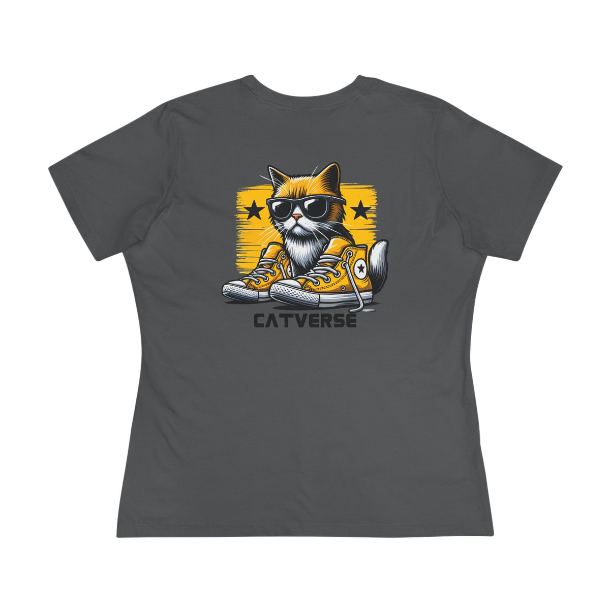 Catverse Chest Logo Street Star Shades Graphic Women's T-Shirt in asphalt, back view