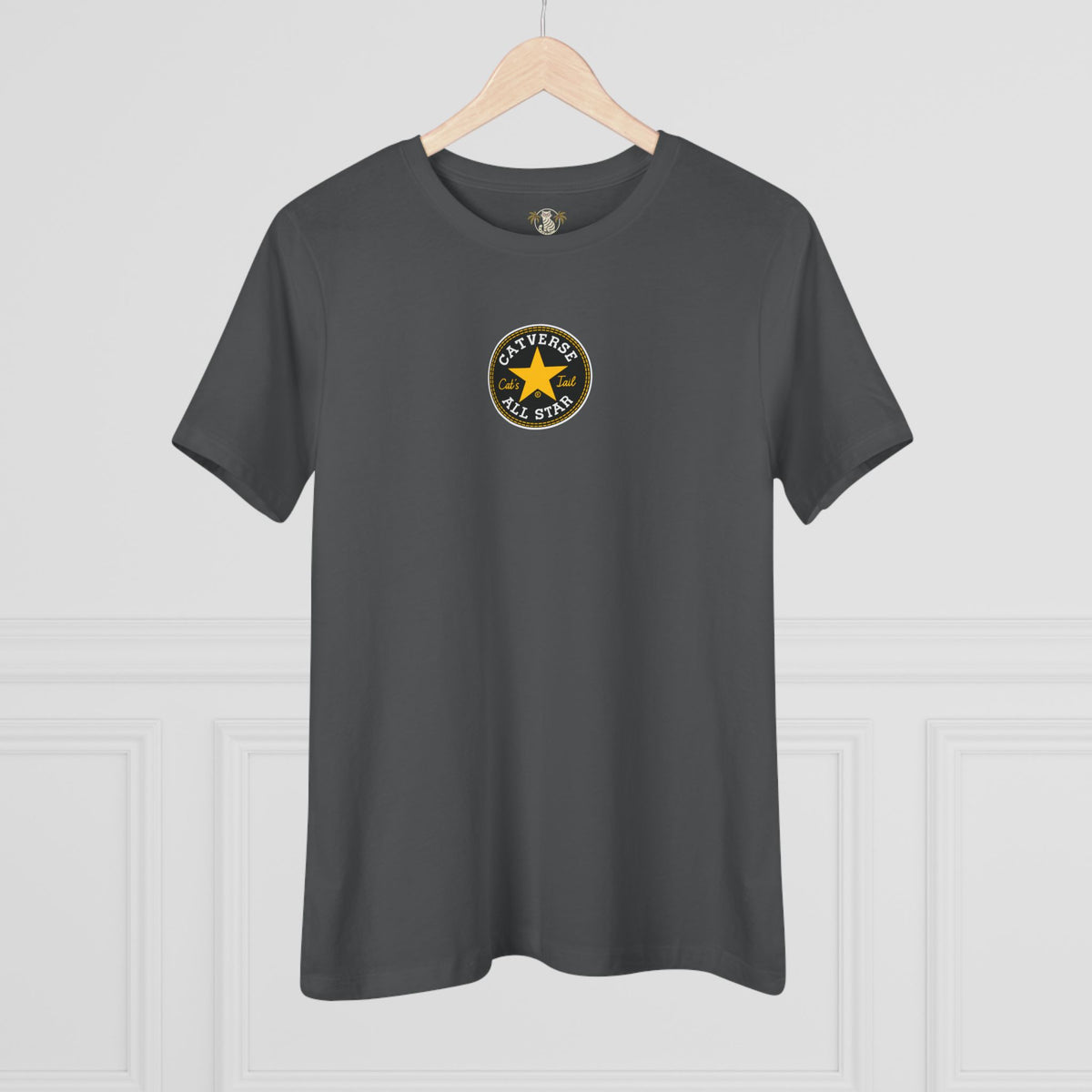 Catverse Chest Logo Street Star Shades Graphic Women's T-Shirt in asphalt, on a hanger