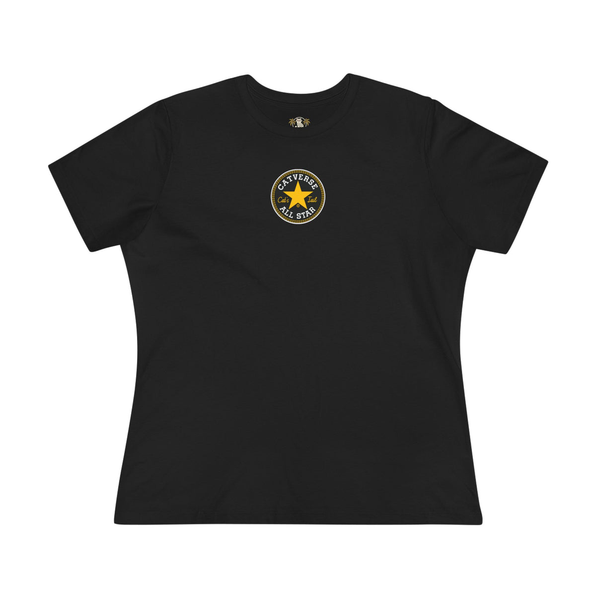 Catverse Chest Logo Street Star Shades Graphic Women's T-Shirt in black, flat lay