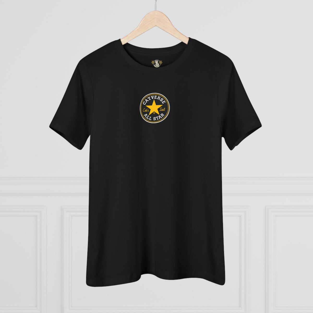 Catverse Chest Logo Street Star Shades Graphic Women's T-Shirt in black, on a hanger