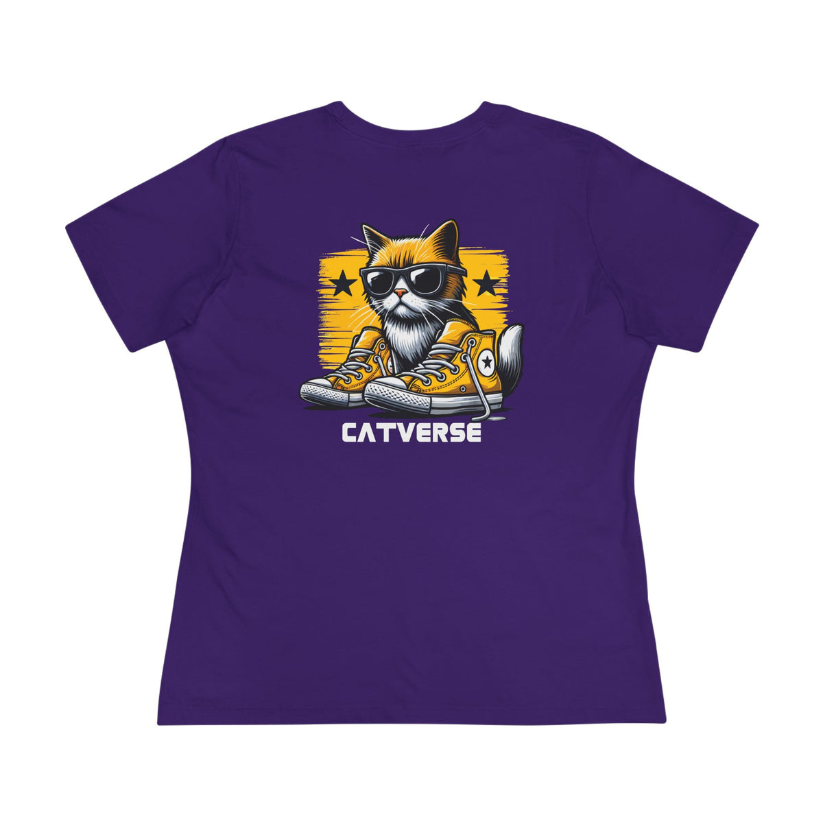 Catverse Chest Logo Street Star Shades Graphic Women's T-Shirt in team purple, back view