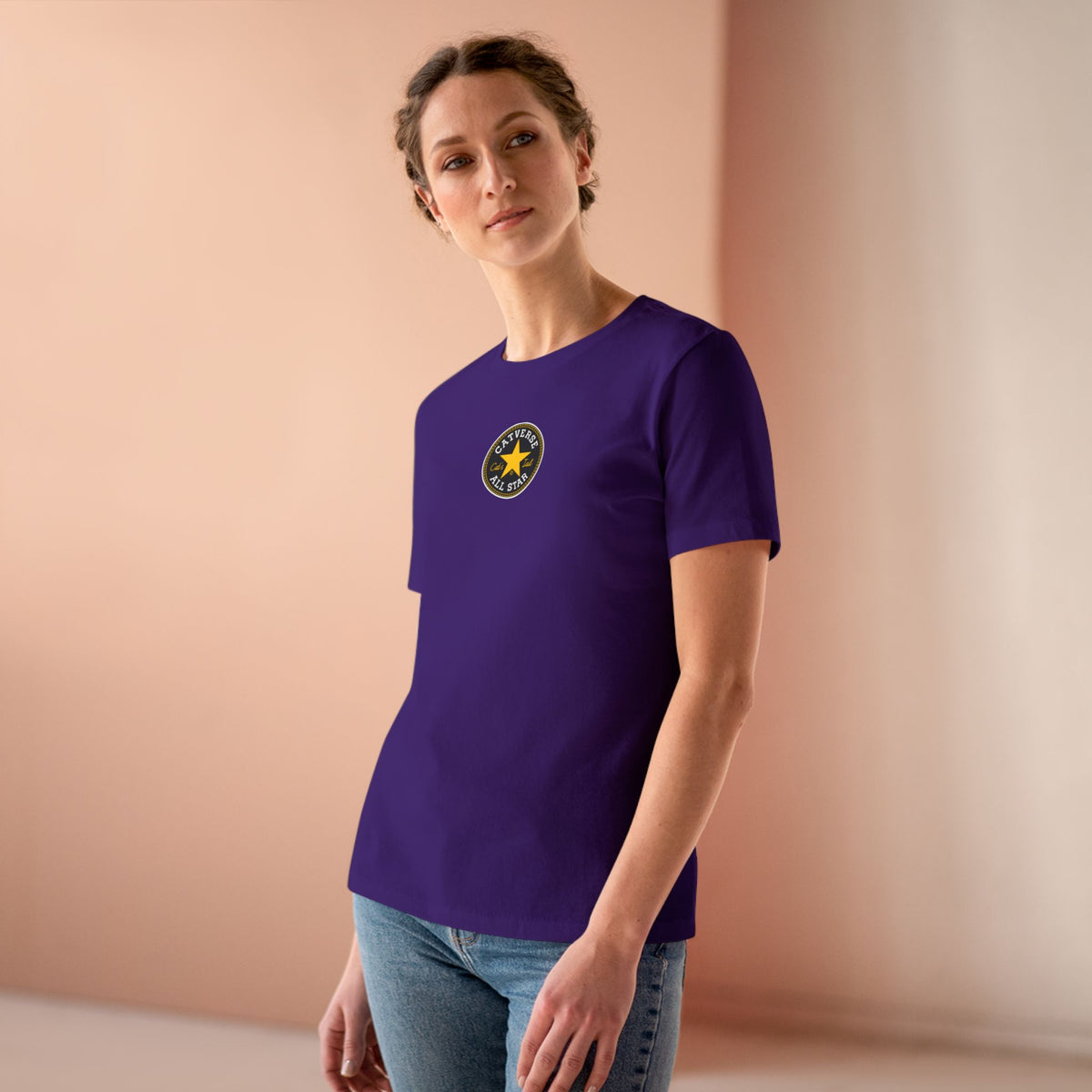 Catverse Chest Logo Street Star Shades Graphic Women's T-Shirt in team purple, worn by a model