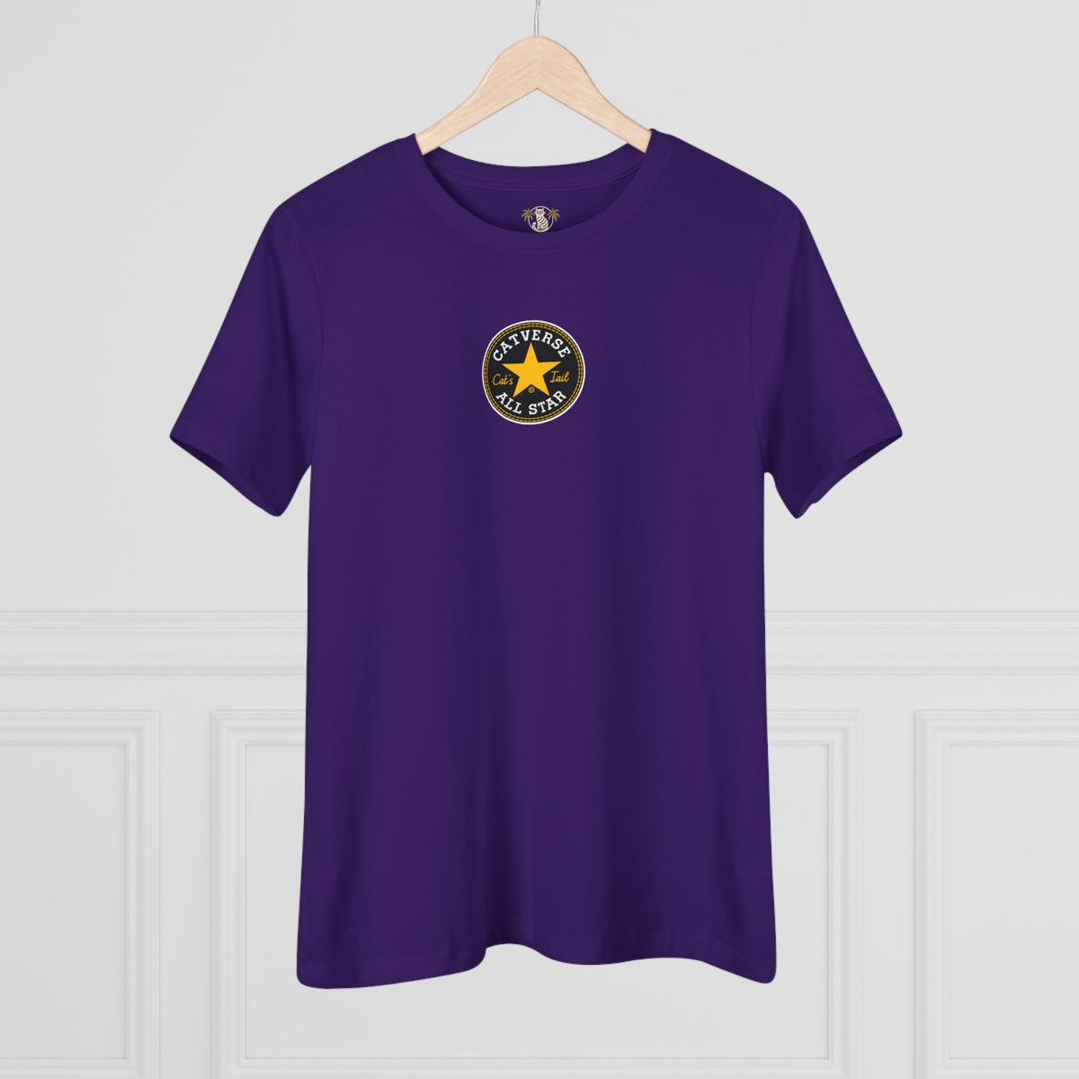Catverse Chest Logo Street Star Shades Graphic Women's T-Shirt in team purple, on a hanger