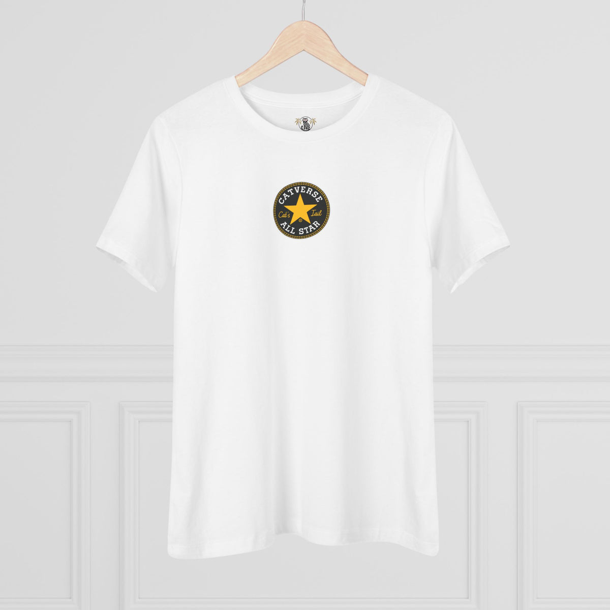 Catverse Chest Logo Street Star Shades Graphic Women's T-Shirt in white, on a hanger