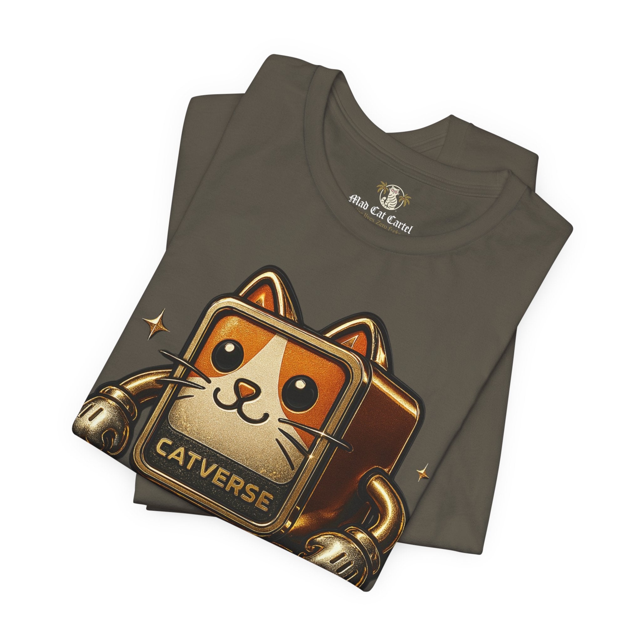 folded army green Catverse t shirts, close up goldbot cat graphic, cotton cat lovers tee