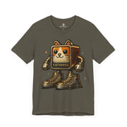 Catverse Goldbot cat graphic funny parody t shirt for cat lovers, army green front view, designed by Mad Cat Cartel