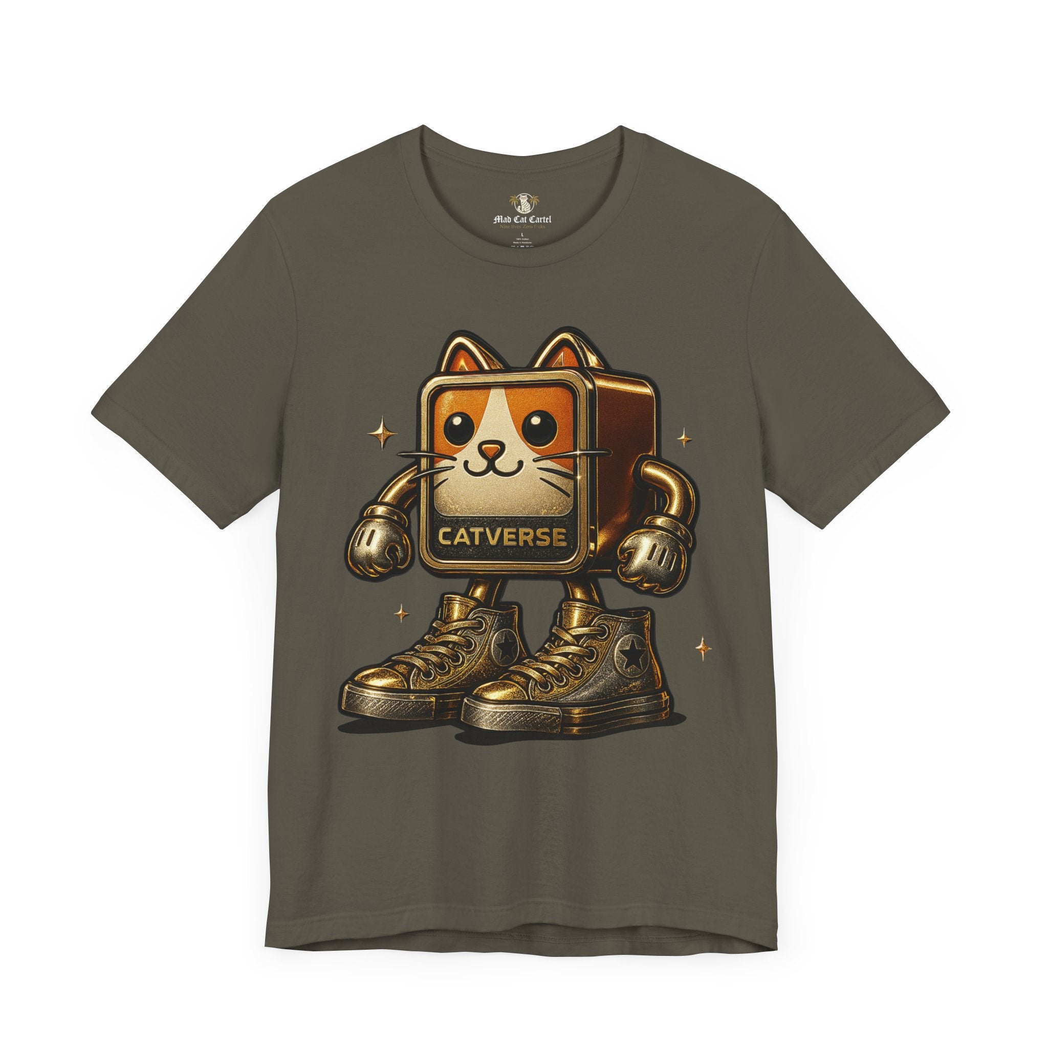 Catverse Goldbot cat graphic funny parody t shirt for cat lovers, army green front view, designed by Mad Cat Cartel