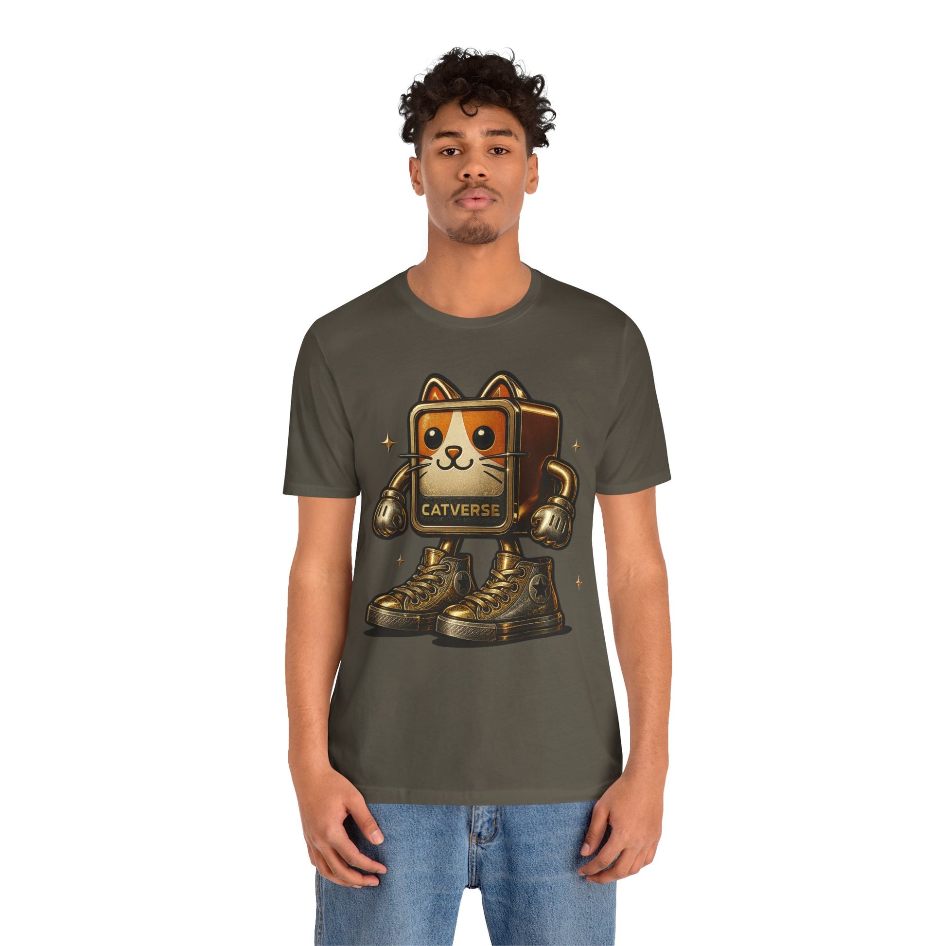 male model wearing army green Catverse t shirt, funny t shirt for men, cat themed parody tee