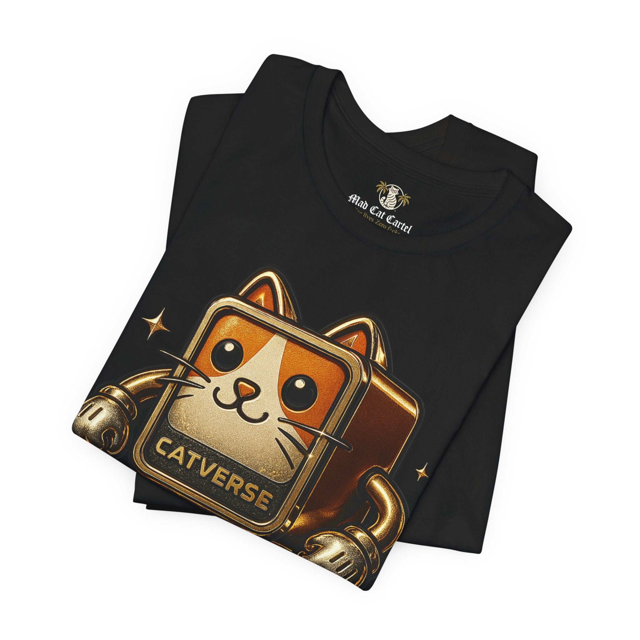 folded black Catverse t shirts, close up goldbot cat design, soft cotton cat lovers tee