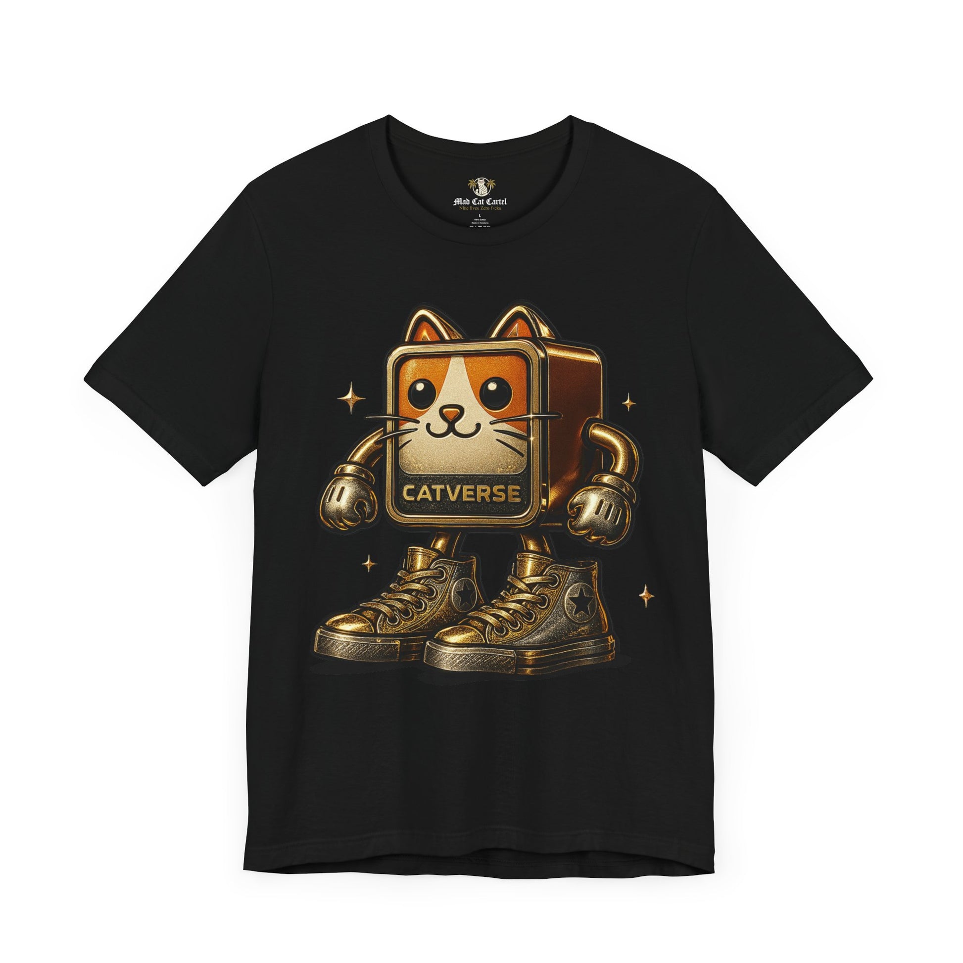 black Catverse t shirt front view, goldbot cat parody graphic, funny t shirt for cat lovers