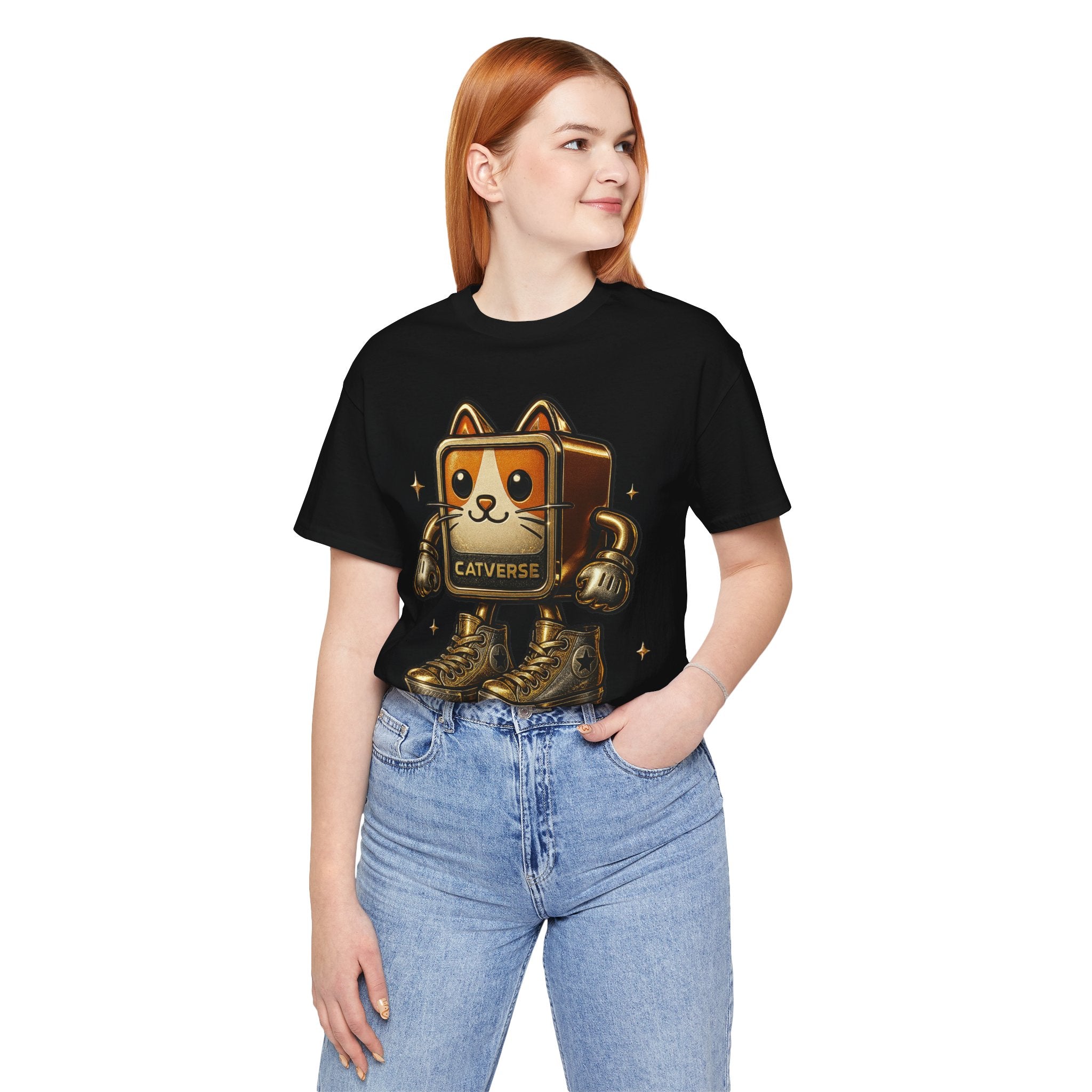 Catverse Goldbot Cat Graphic Funny Parody T-Shirt in black, worn by a female model
