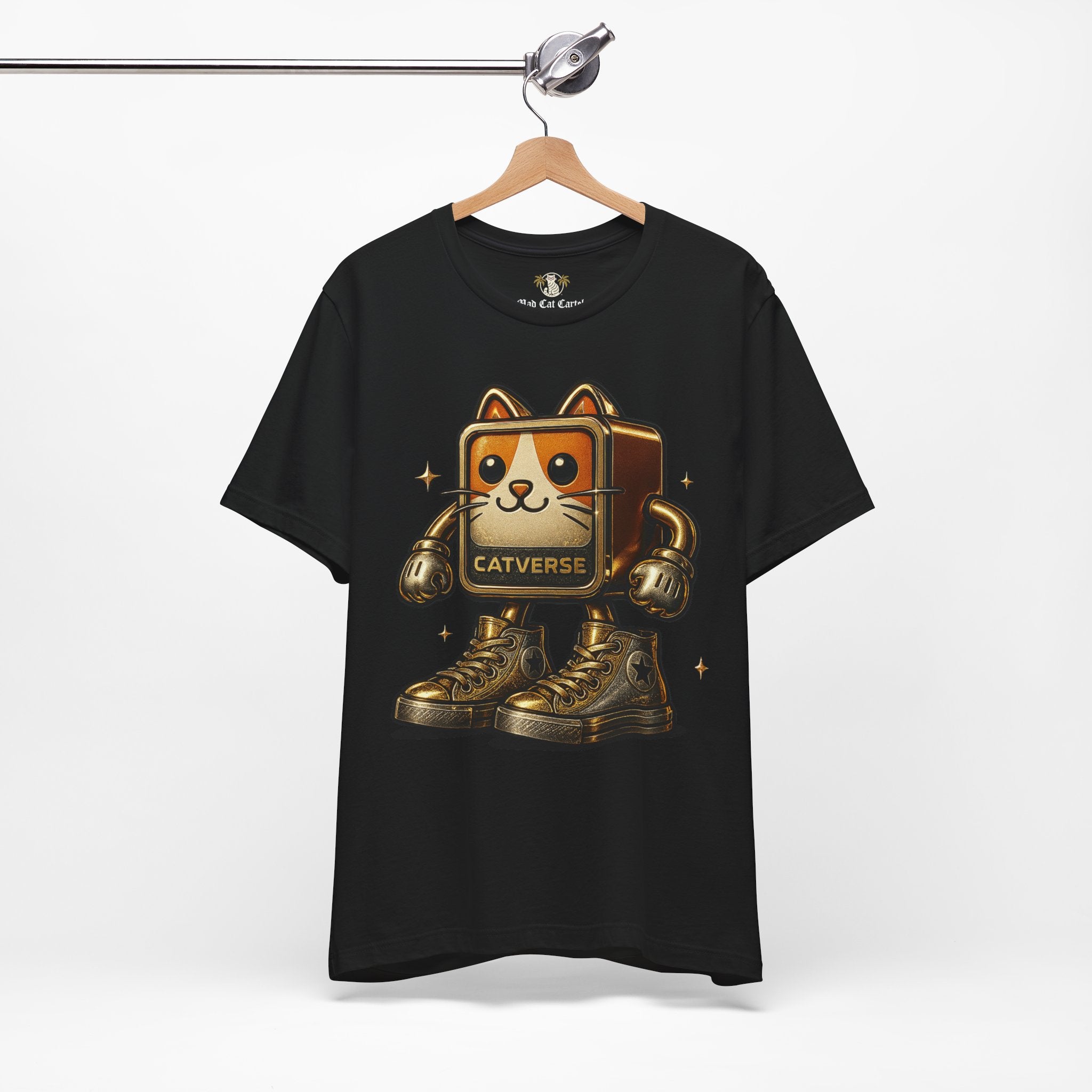 black Catverse t shirt on hanger, front view, funny parody cat lovers t shirt