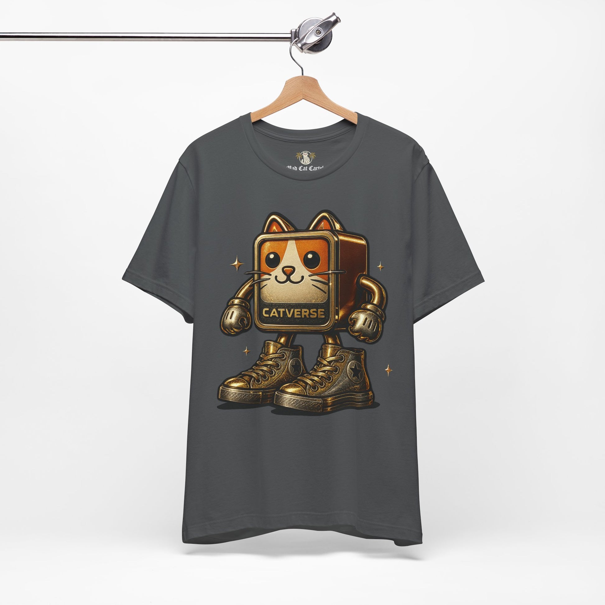 asphalt gray Catverse Goldbot t shirt on hanger, casual parody cat lovers tee, soft cotton finish