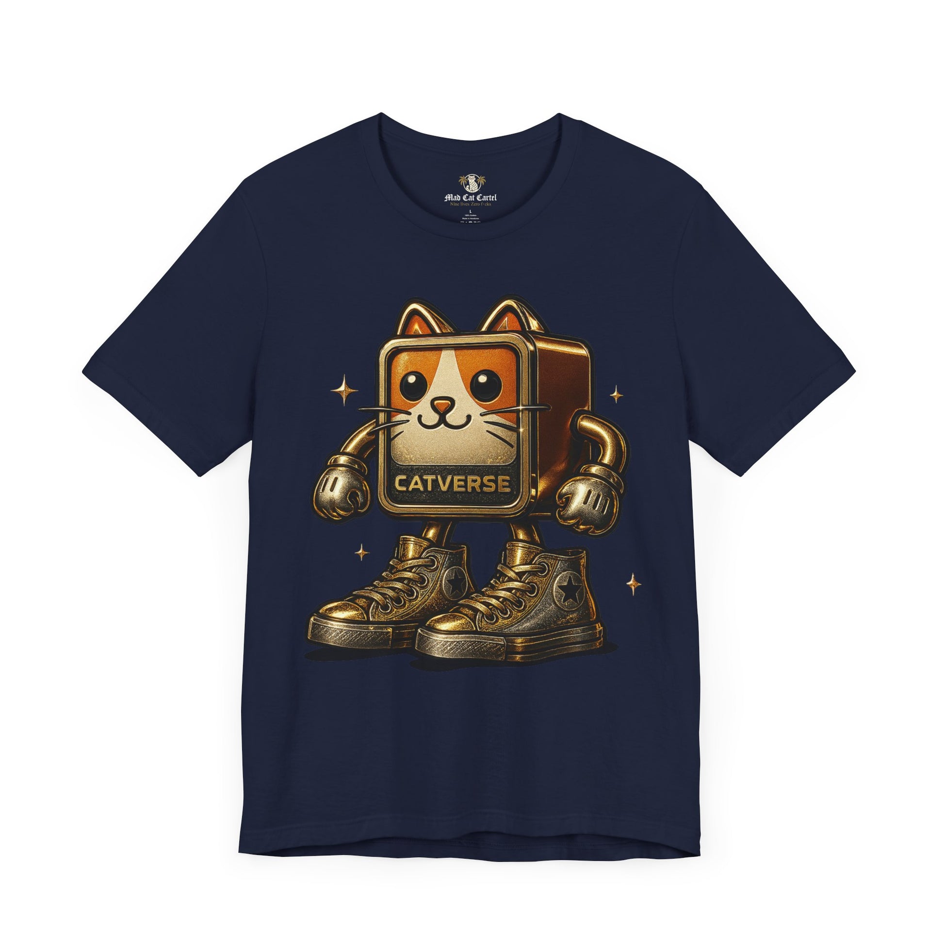 navy Catverse Goldbot cat graphic parody t shirt for cat lovers, front view, by Mad Cat Cartel