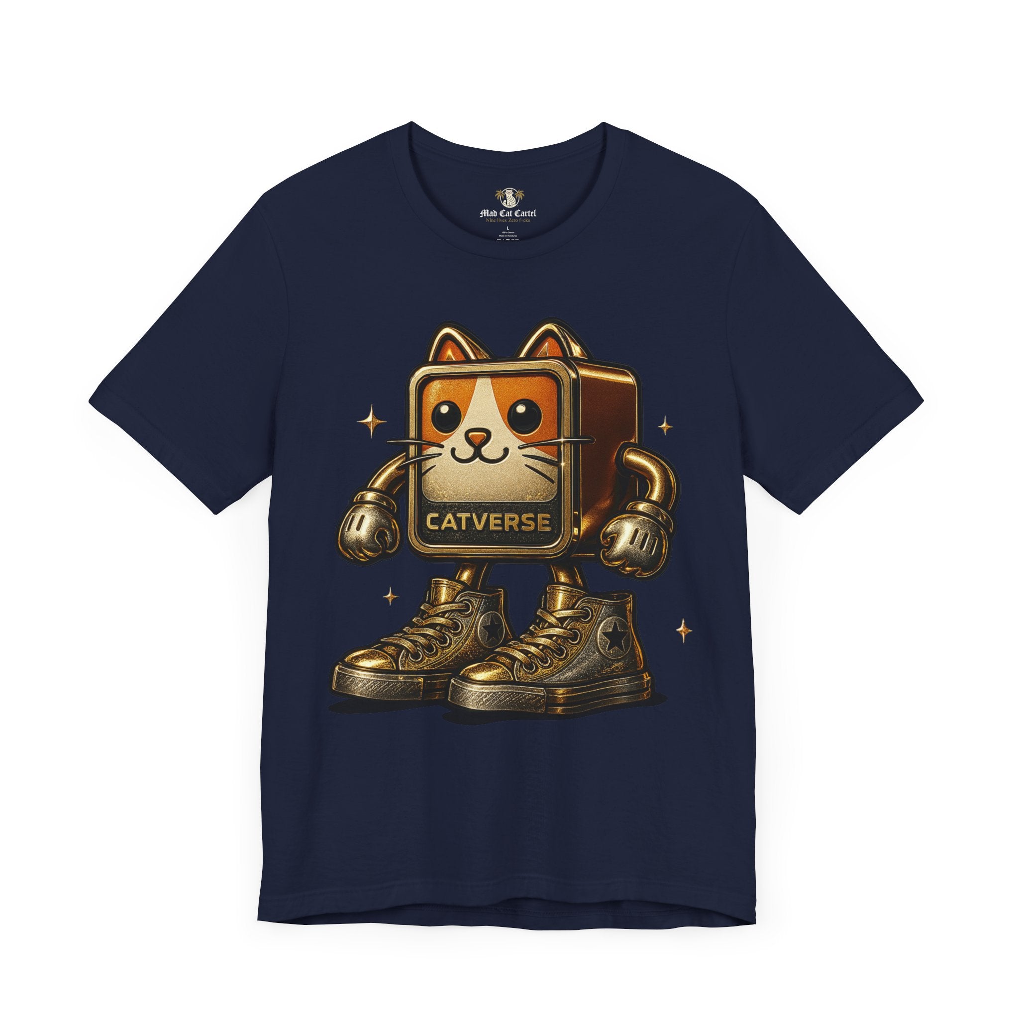 navy Catverse Goldbot cat graphic parody t shirt for cat lovers, front view, by Mad Cat Cartel