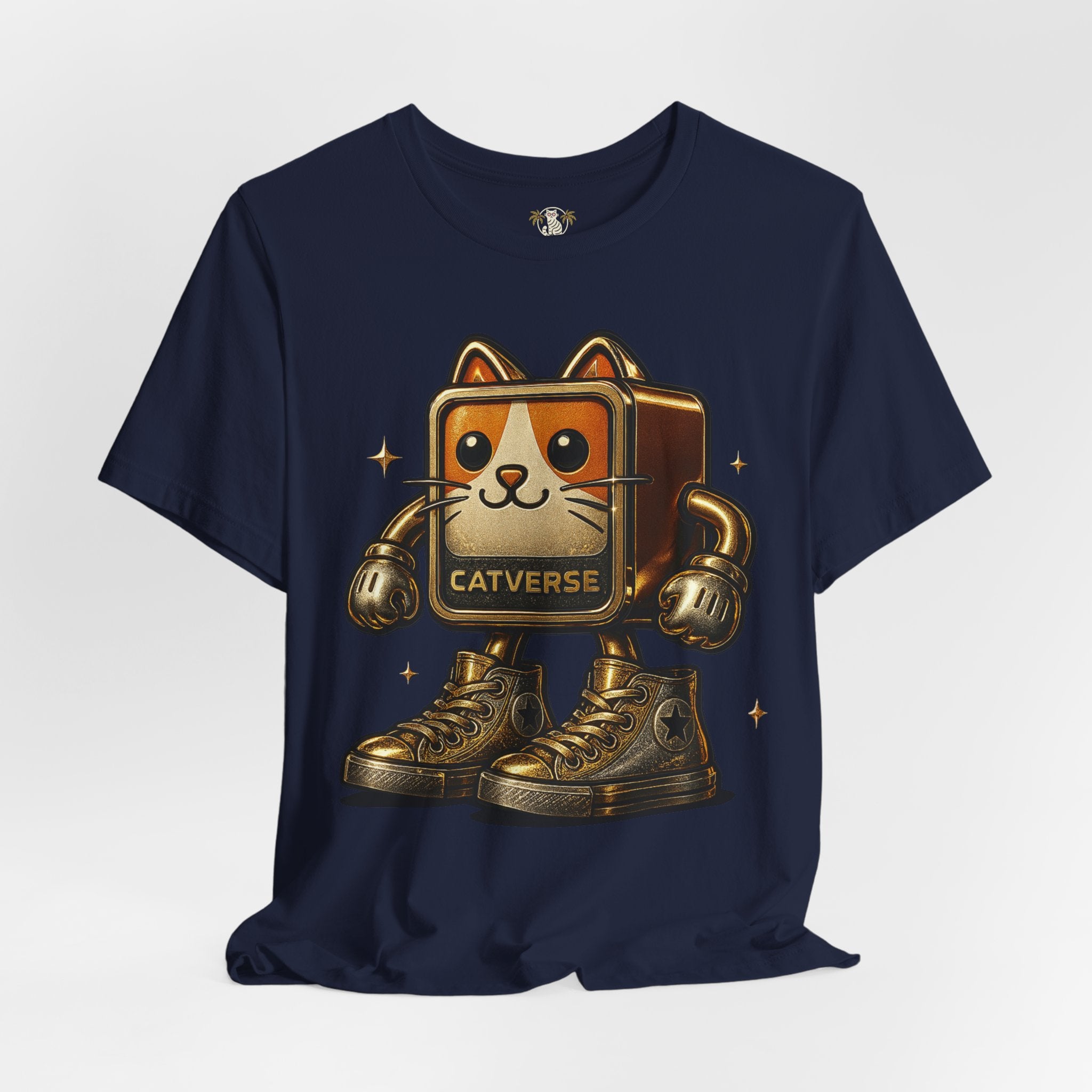 navy Catverse Goldbot t shirt front angle, funny cat lovers tee, cotton parody shirt by Mad Cat Cartel
