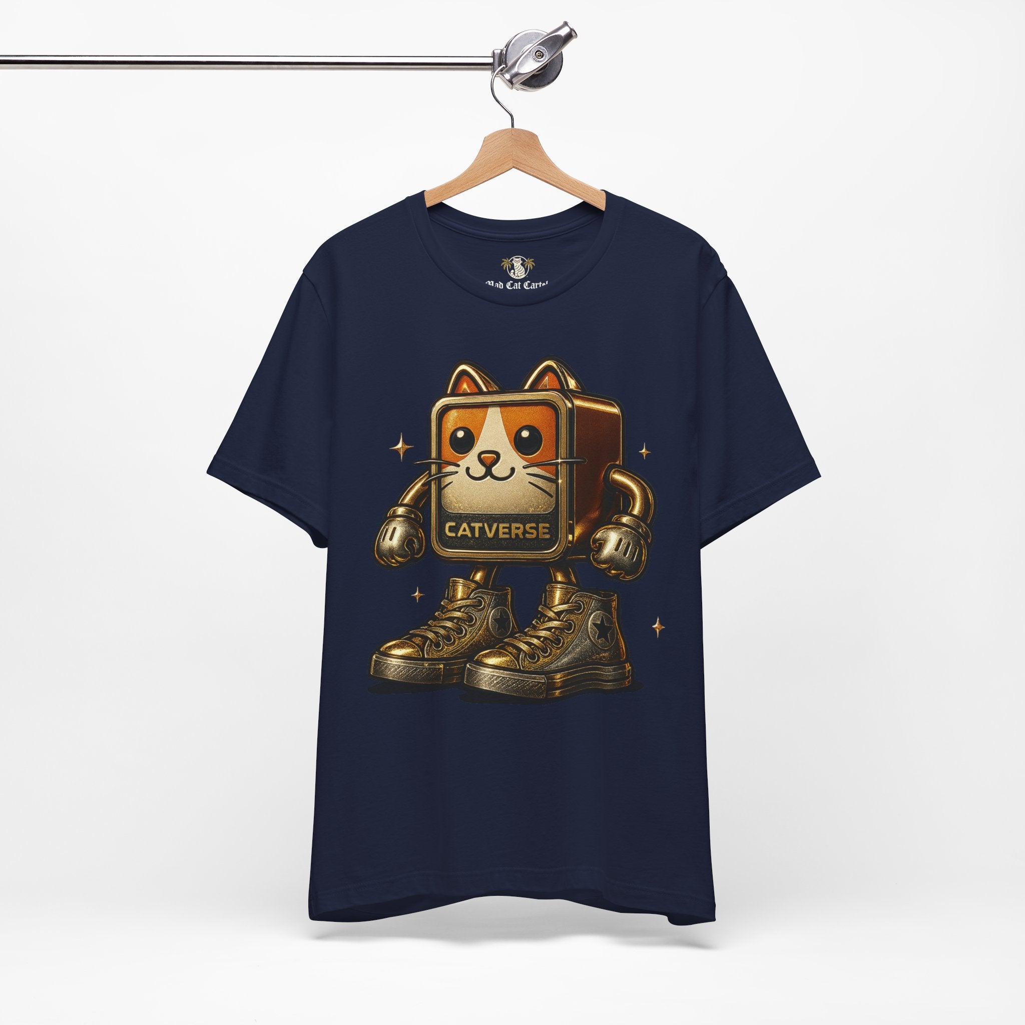 navy Catverse Goldbot t shirt on hanger, back angle, casual parody tee for cat lovers