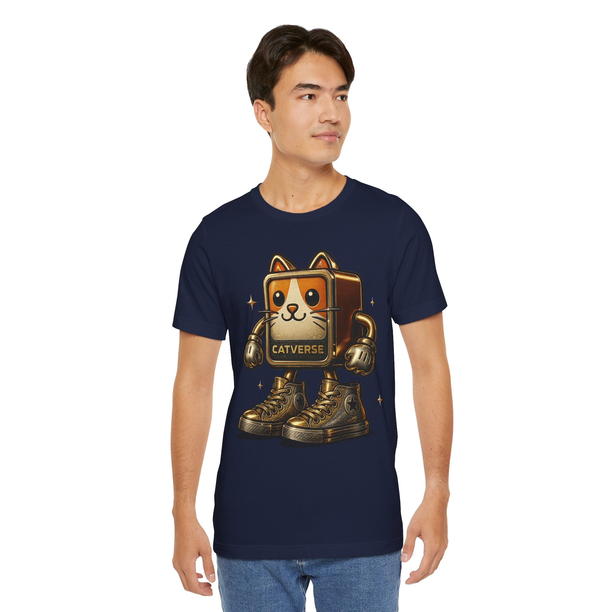 Catverse Goldbot Cat Graphic Funny Parody T-Shirt in navy, worn by a male model