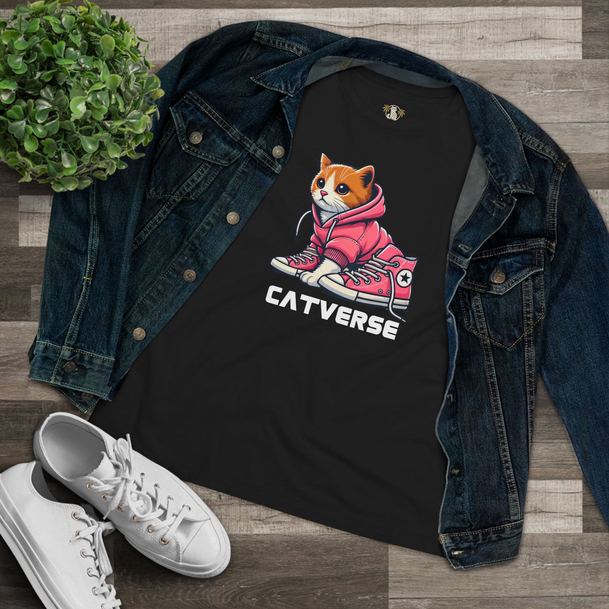 Catverse Hoodie Kicks Cat Graphic Women's T-Shirt in black, flat lay