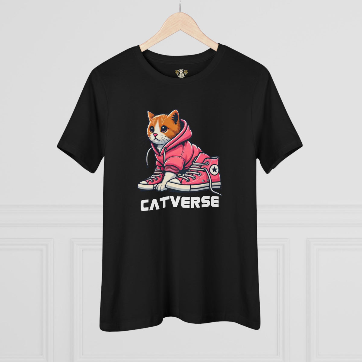 Catverse Hoodie Kicks Cat Graphic Women's T-Shirt in black, on a hanger