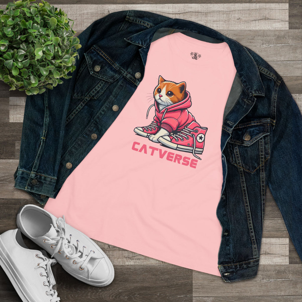 Catverse Hoodie Kicks Cat Graphic Women's T-Shirt in pink, flat lay