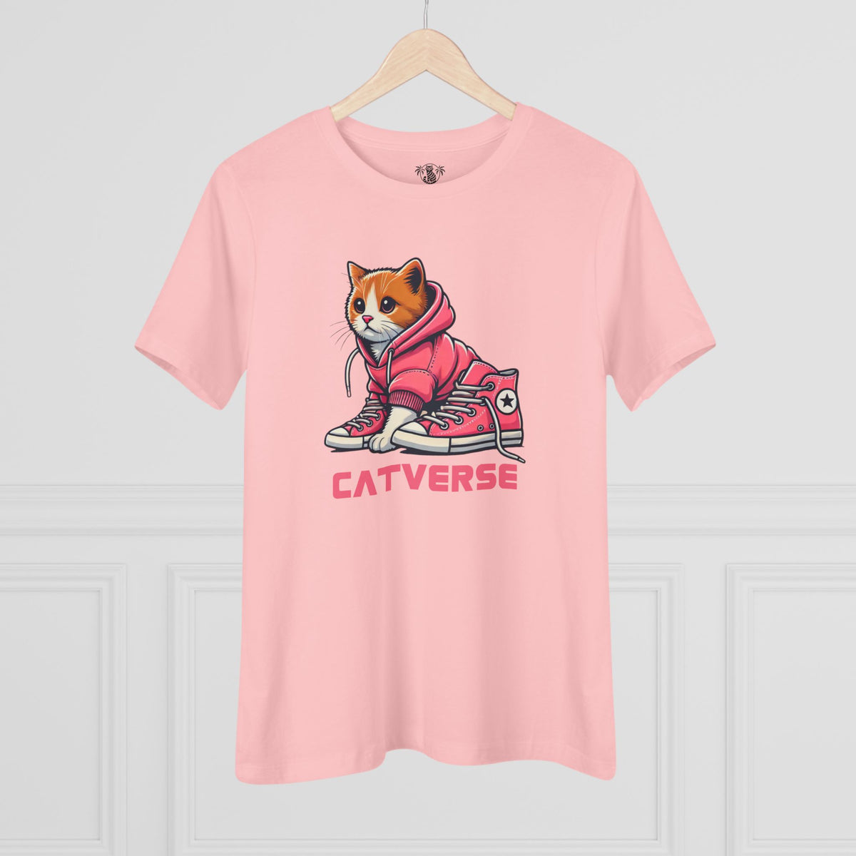 Catverse Hoodie Kicks Cat Graphic Women's T-Shirt in pink, on a hanger