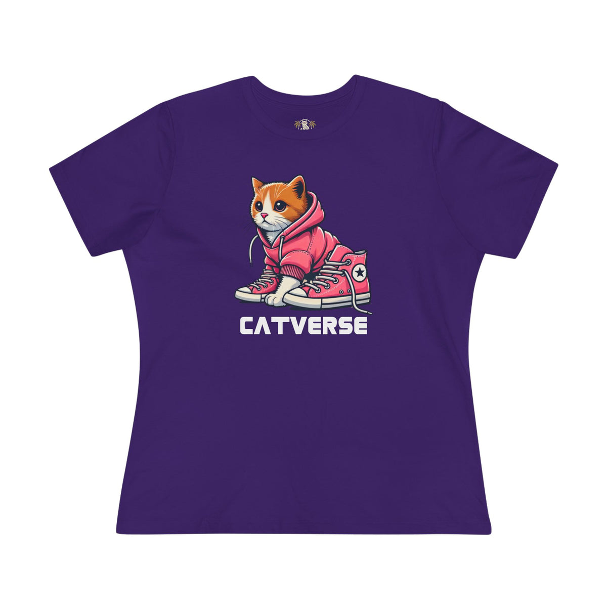 Catverse Hoodie Kicks Cat Graphic Women's T-Shirt in team purple, front view