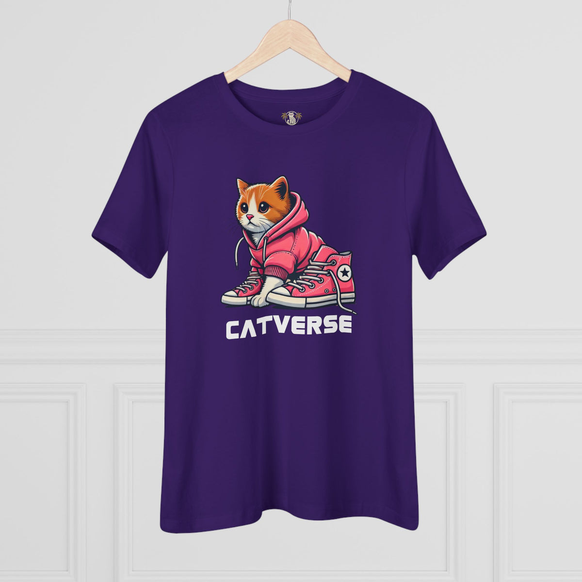 Catverse Hoodie Kicks Cat Graphic Women's T-Shirt in team purple, on a hanger
